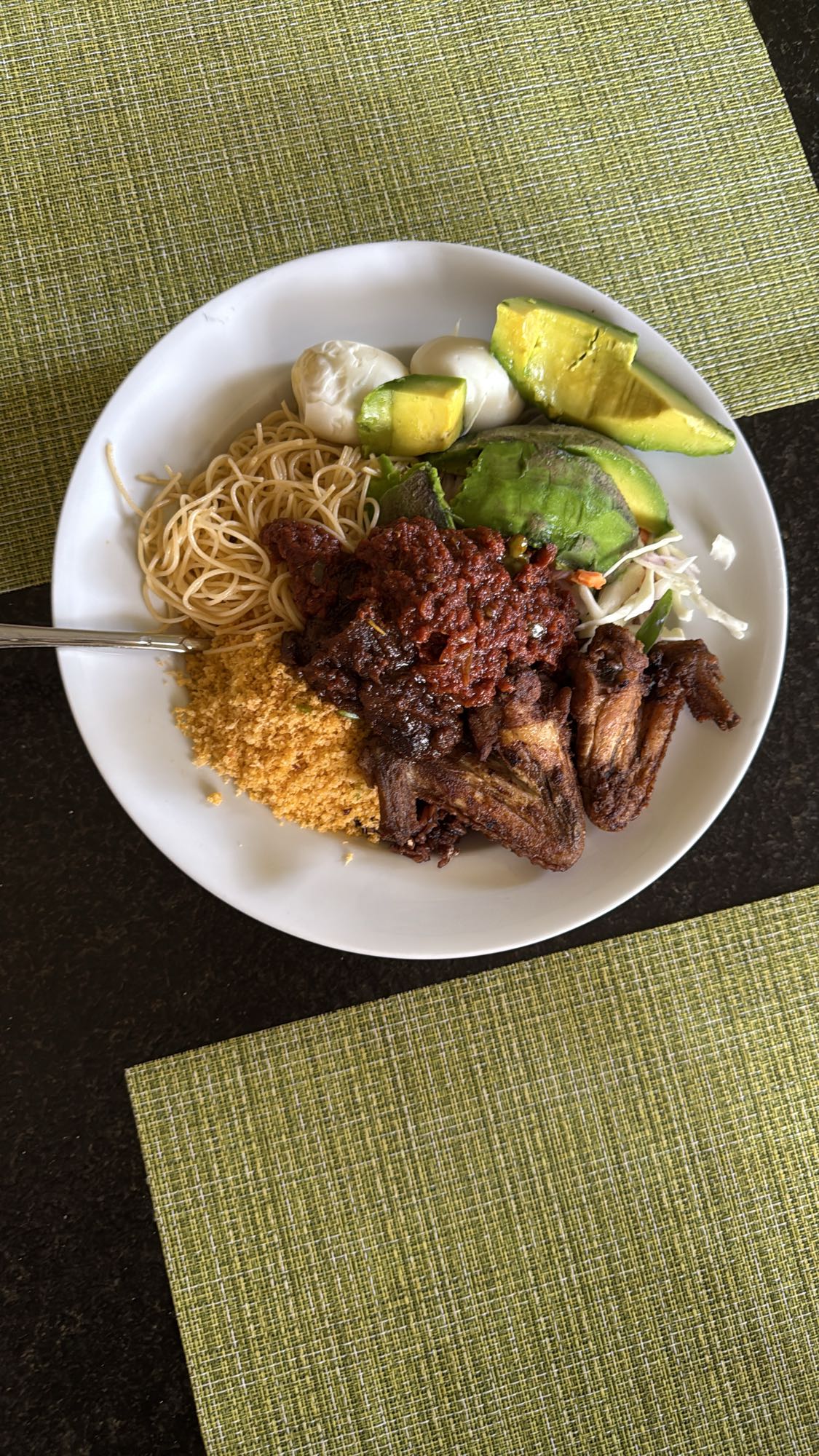 Chicken, noodles, avocado plate
