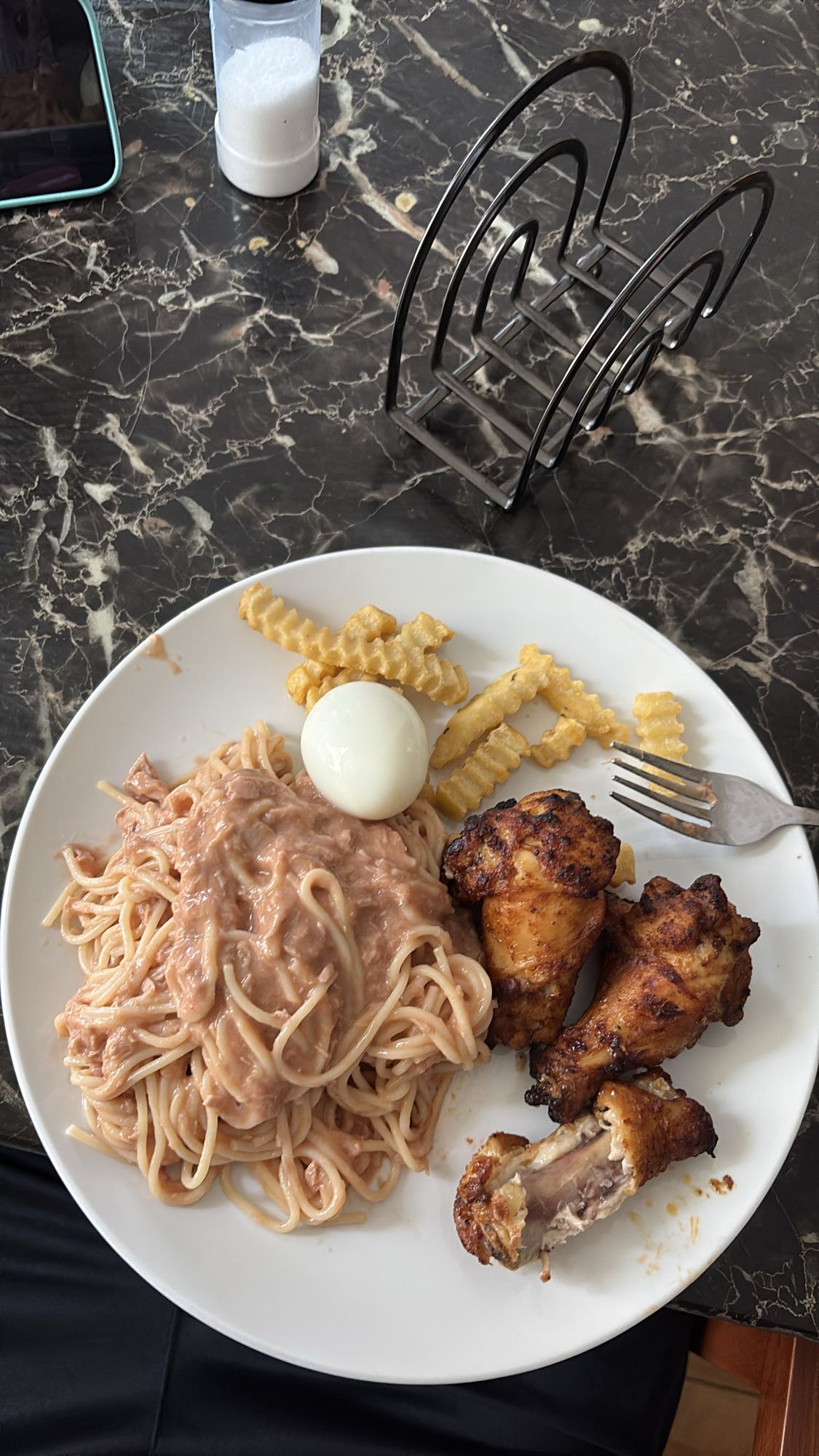 Chicken, pasta, fries, egg