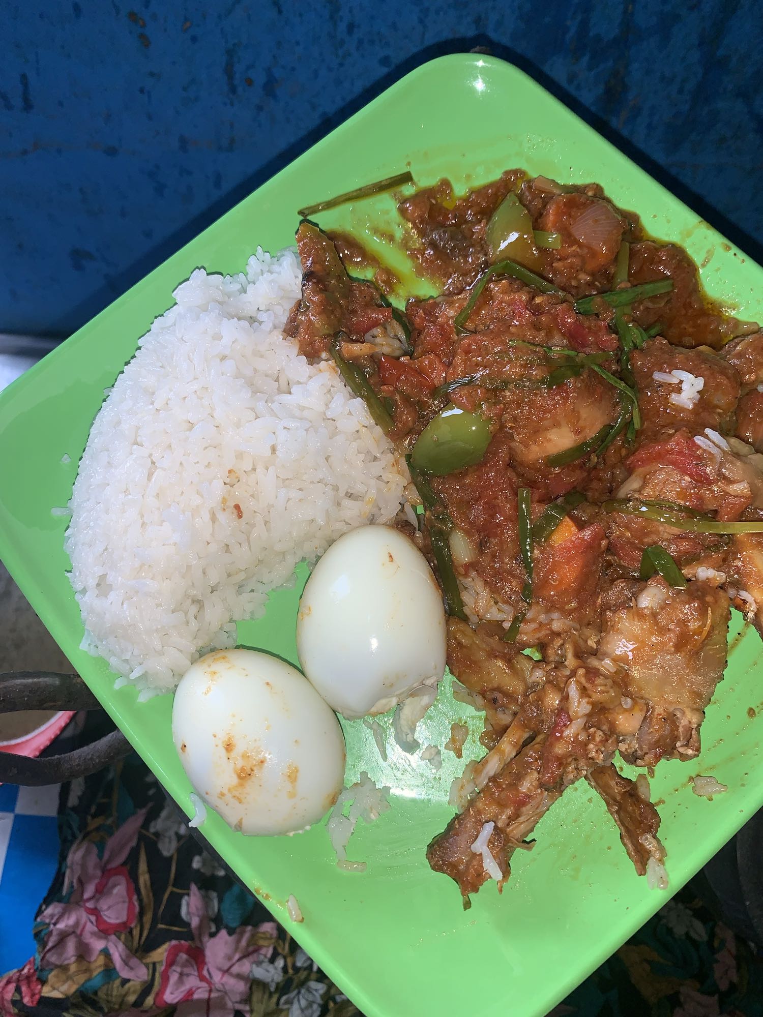 Rice, eggs, stew & meat