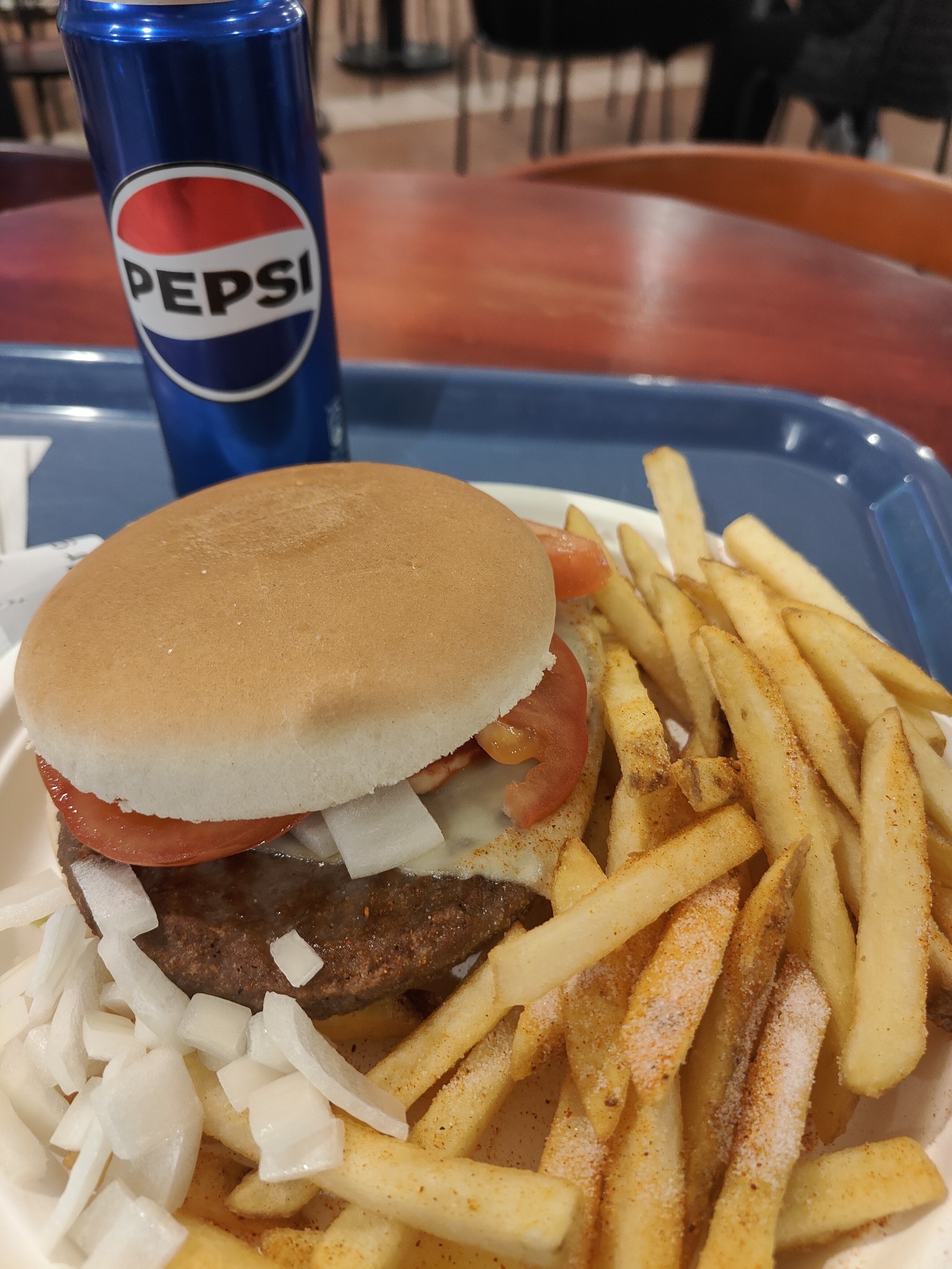 Burger, fries, and Pepsi