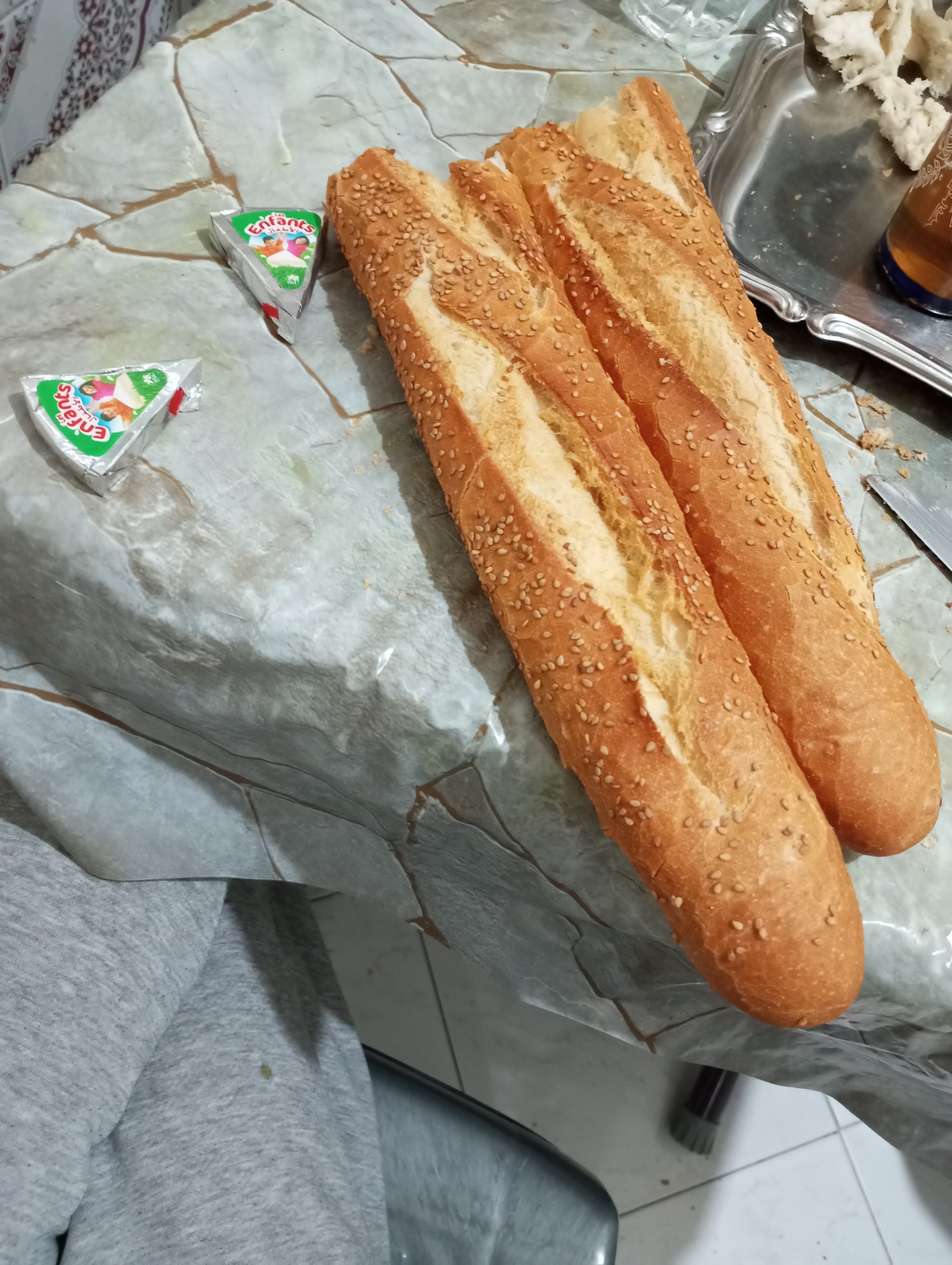 Baguette with cheese triangles