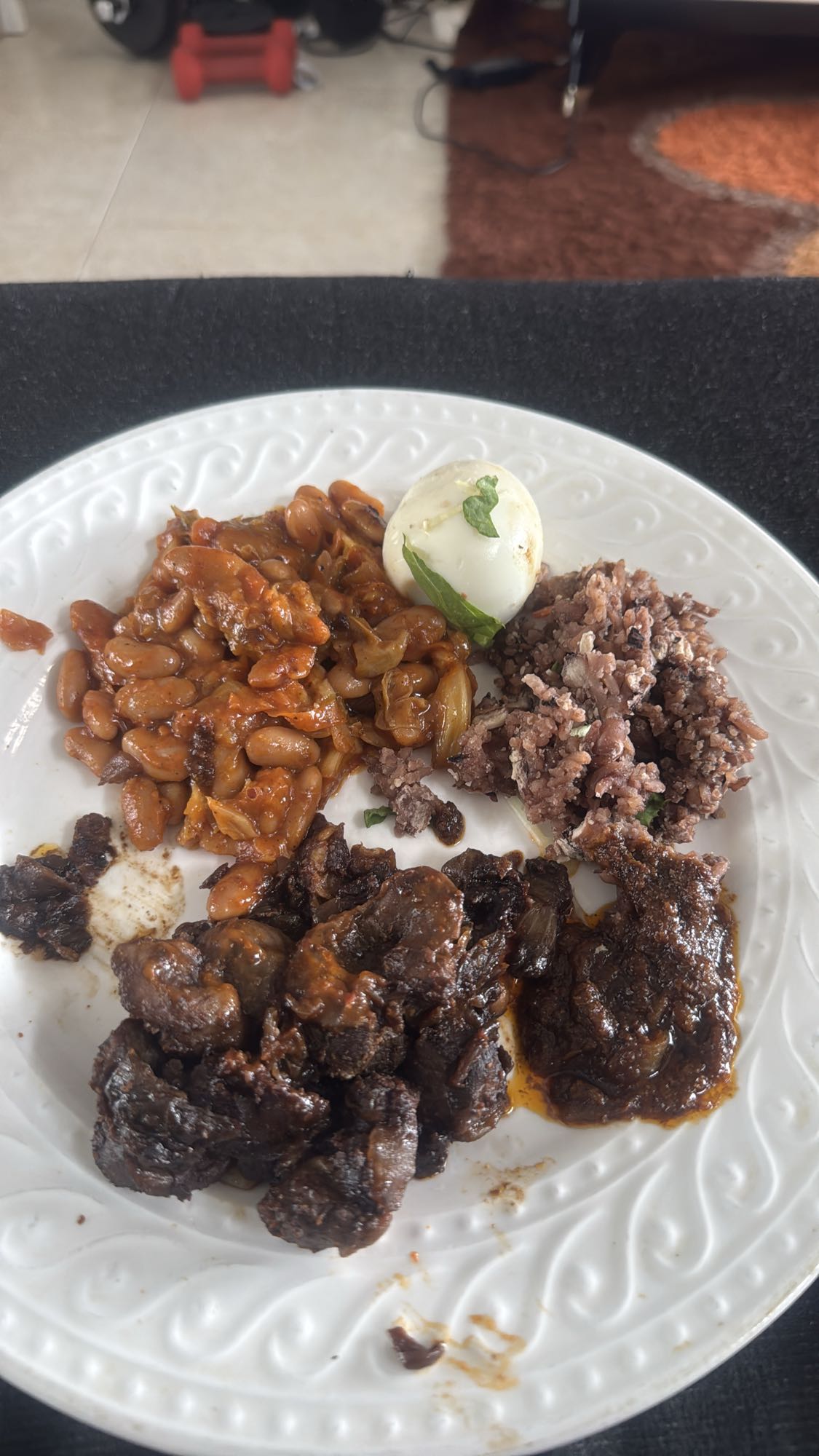 Beef, beans and egg plate