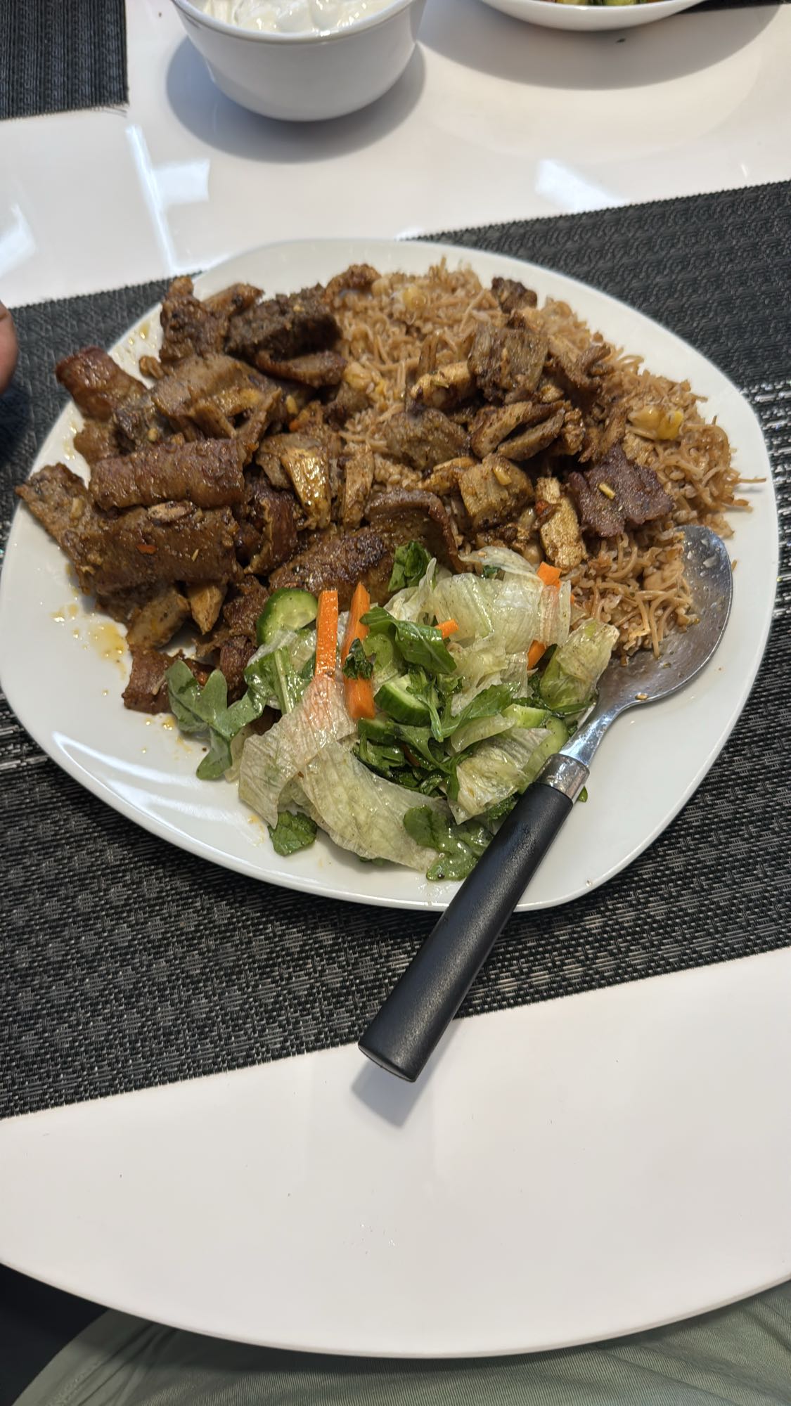 Reis mit Rindfleisch und Salat