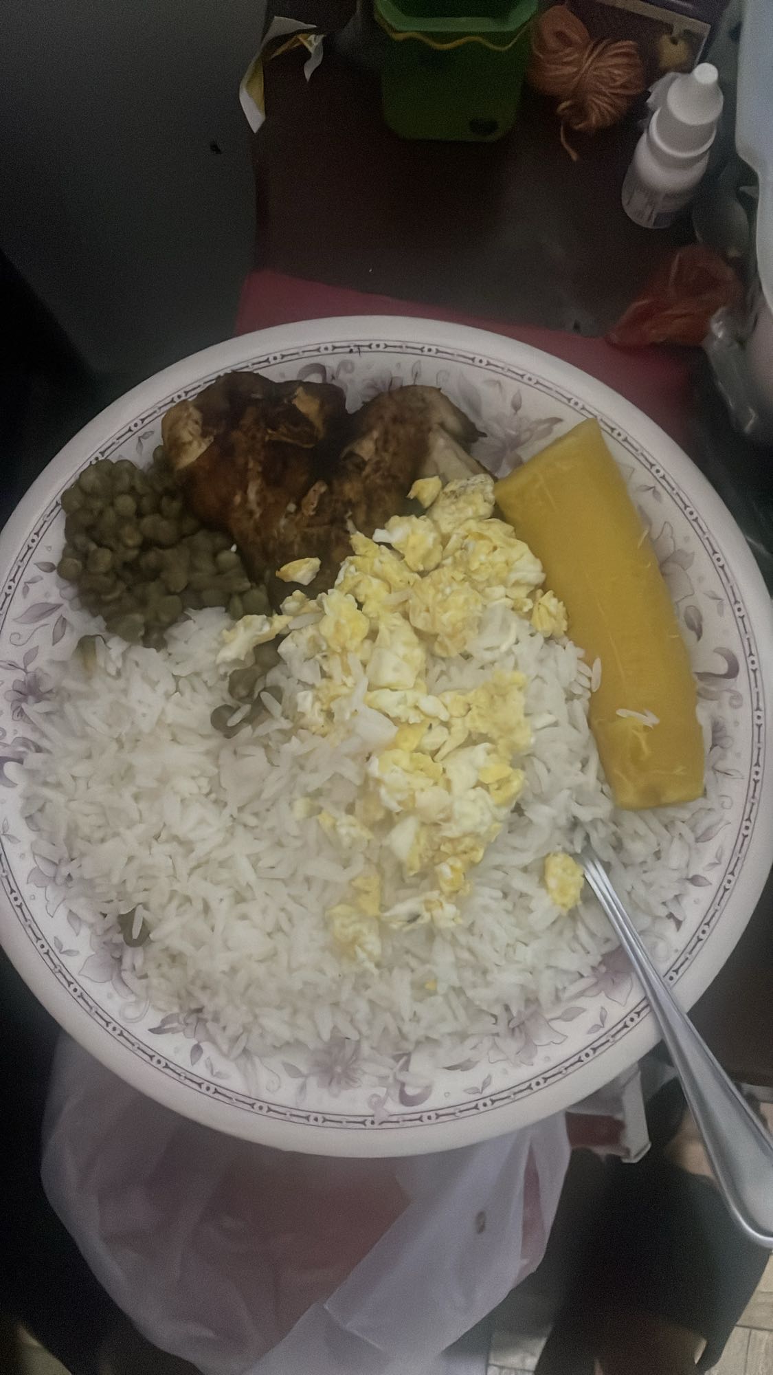 Rice, egg, chicken, peas, plantain