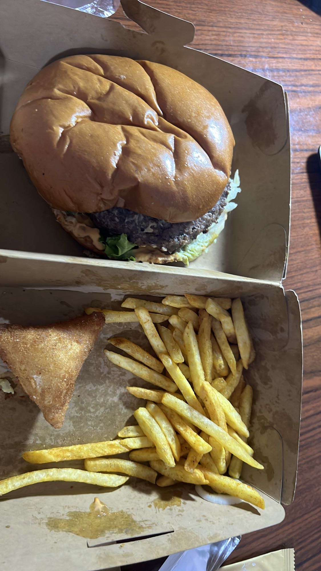 Burger with fries & samosa