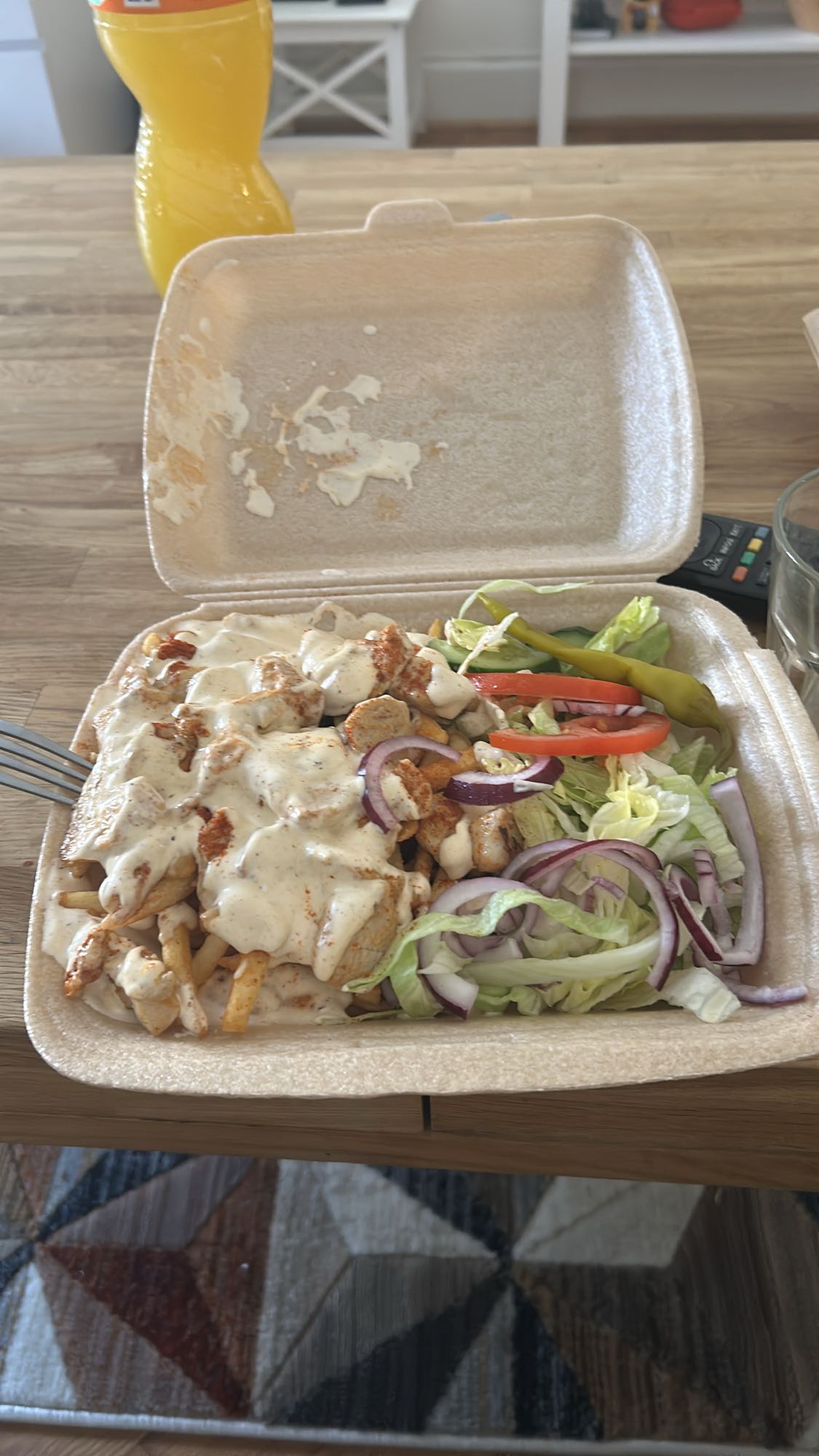 Chicken kebab with fries