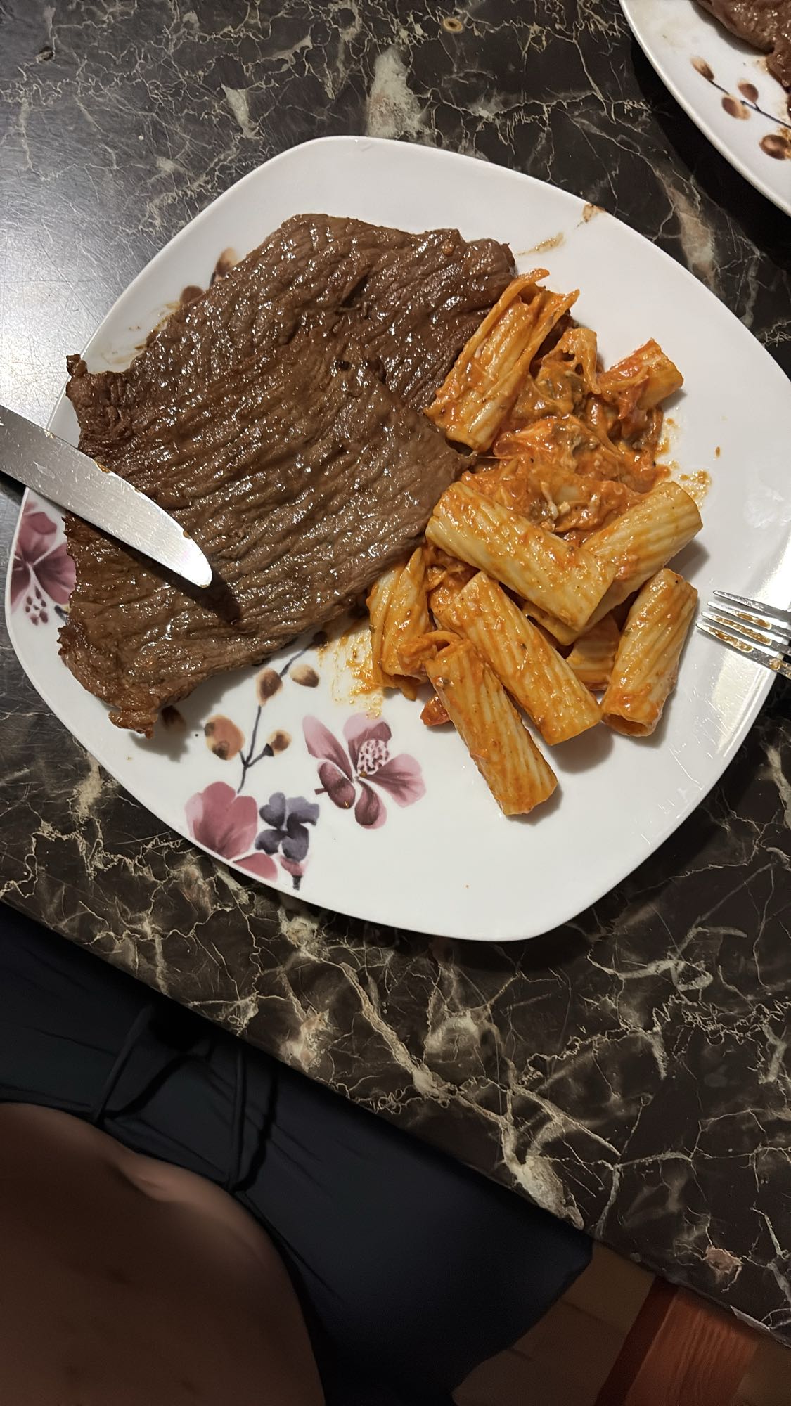 Steak and pasta plate