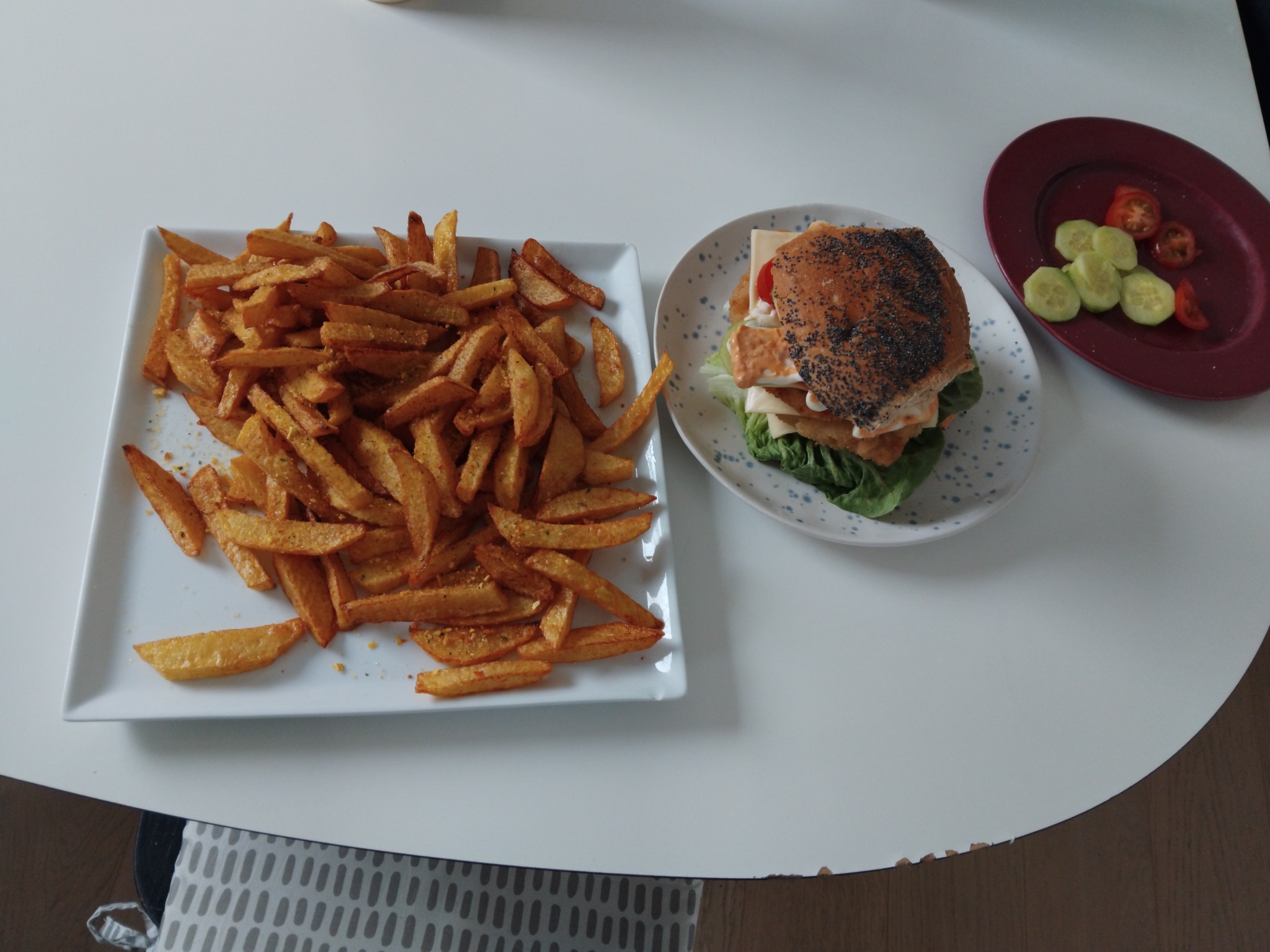 Burger with fries and salad