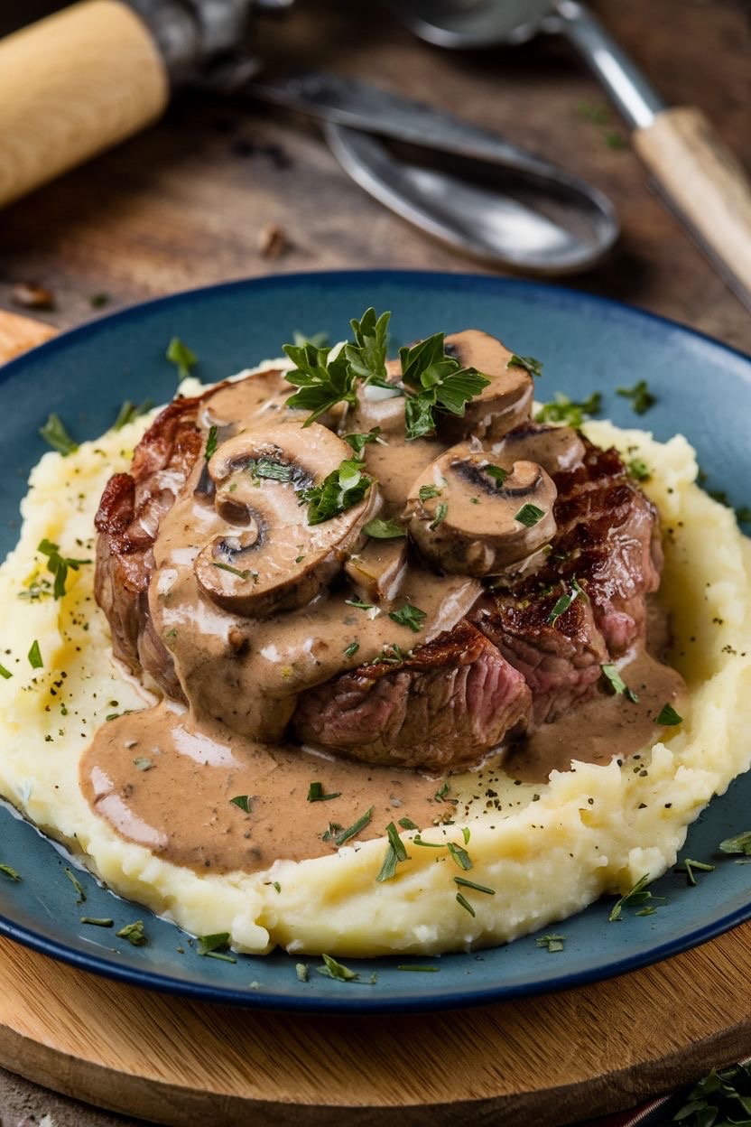 filete con puré y salsa