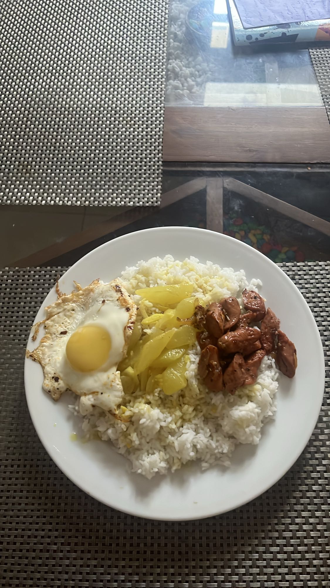 Egg, rice, chicken, veggies