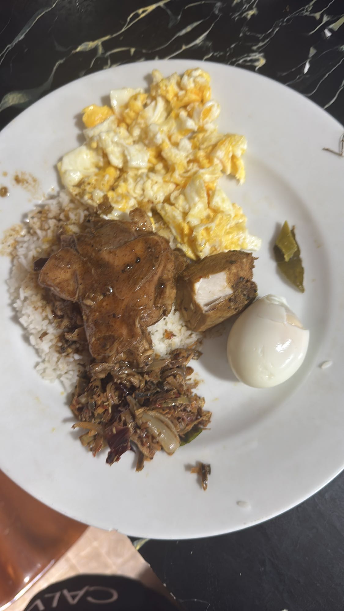 Egg, rice, chicken plate
