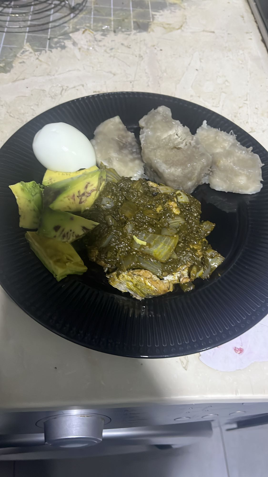 Boiled yam with egg & fish