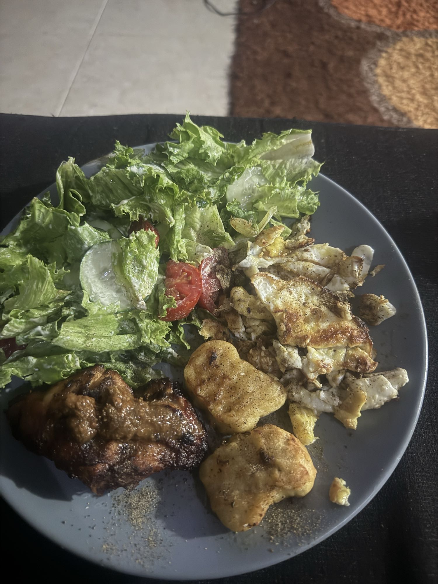 Chicken, eggs, salad plate