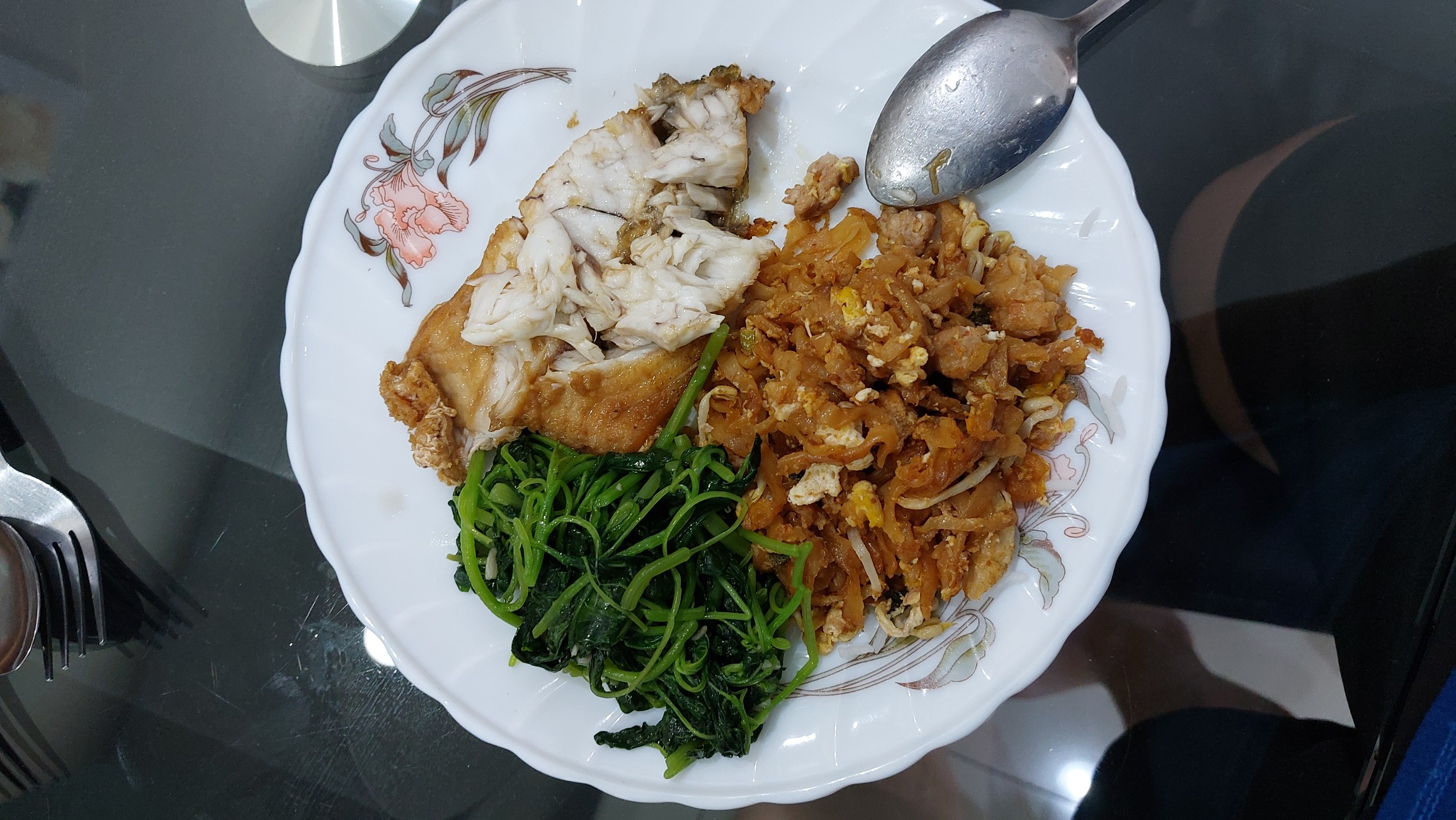 Fish, greens, fried noodles