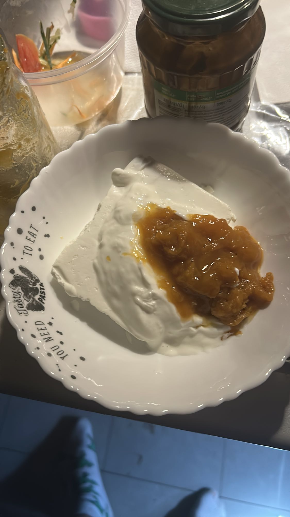 Yogurt with jam and cheese