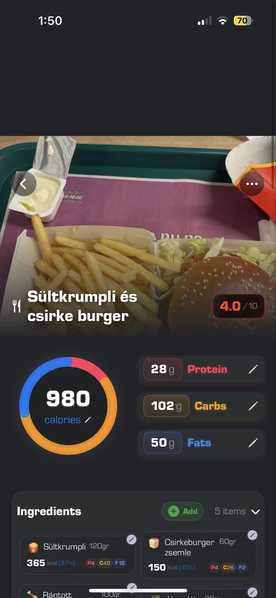 Sültkrumpli és csirke burger
