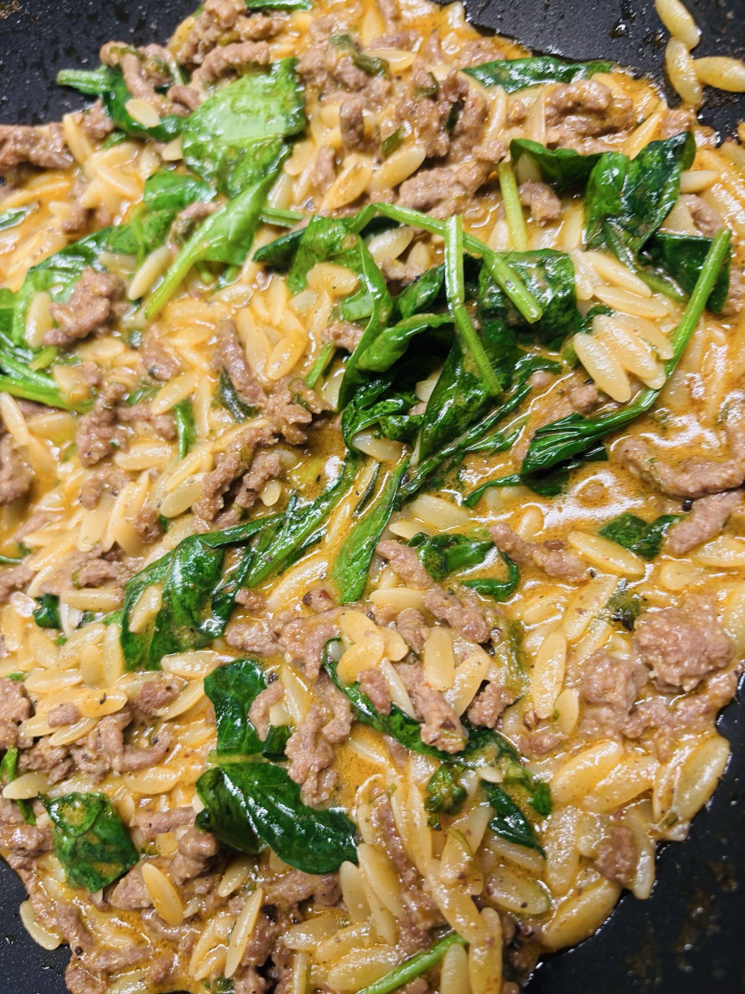 Beef Spinach Orzo Skillet