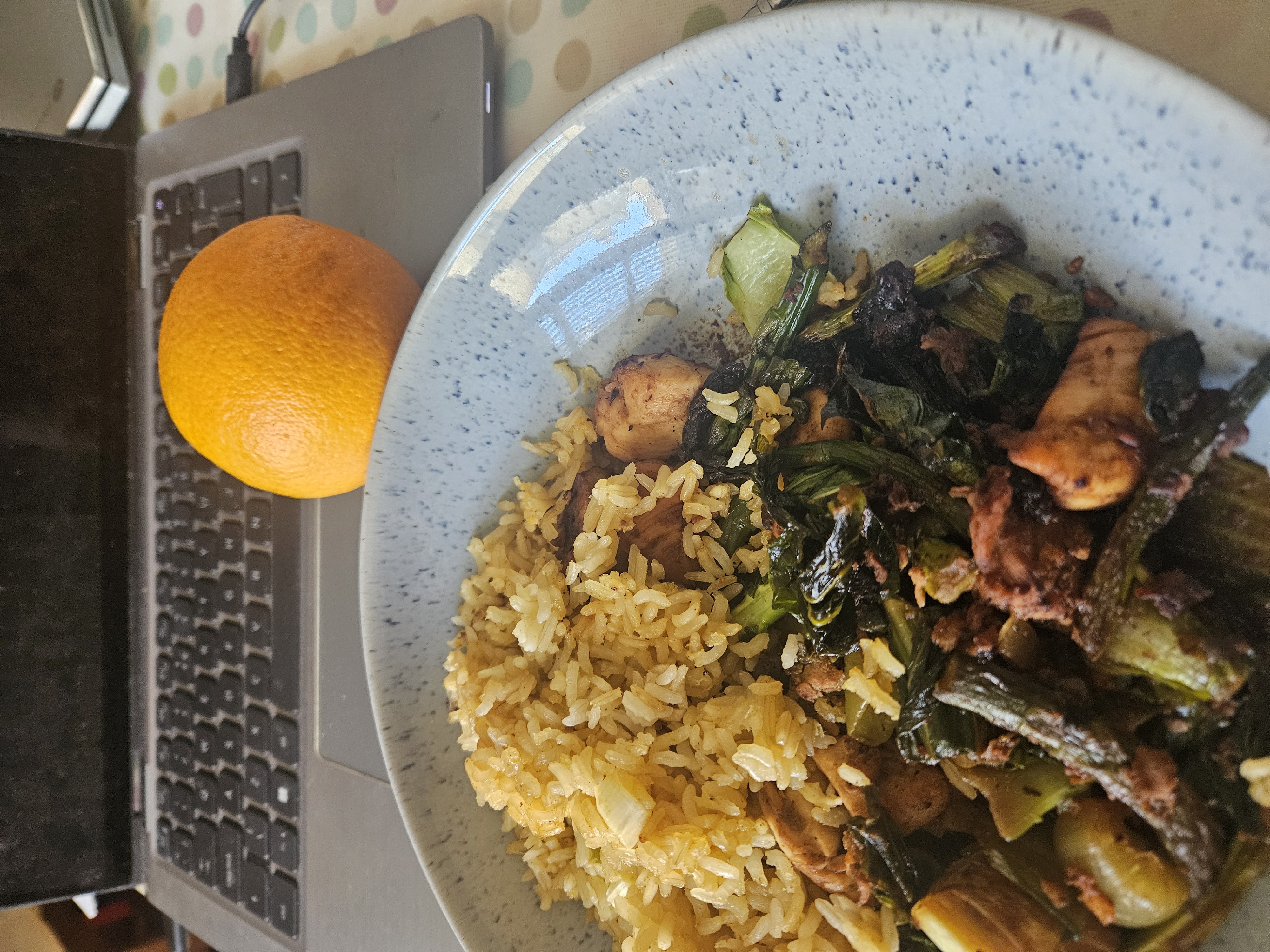 Chicken stir fry with brown rice, egg, and orange