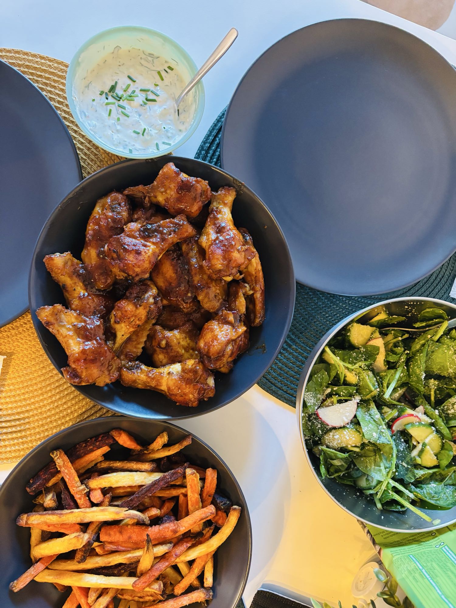 Chicken wings, fries, salad