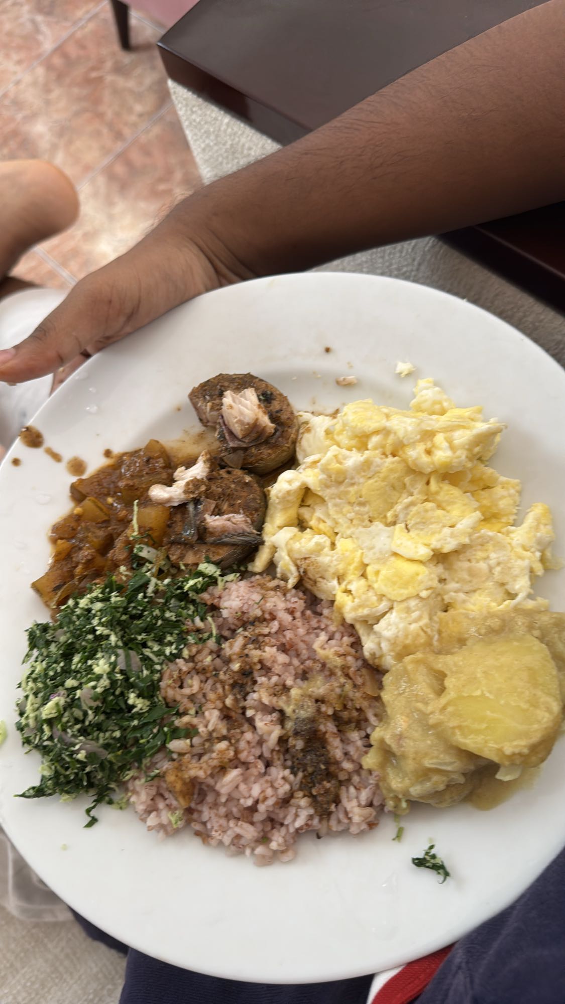 Eggs, fish, rice, greens, yam