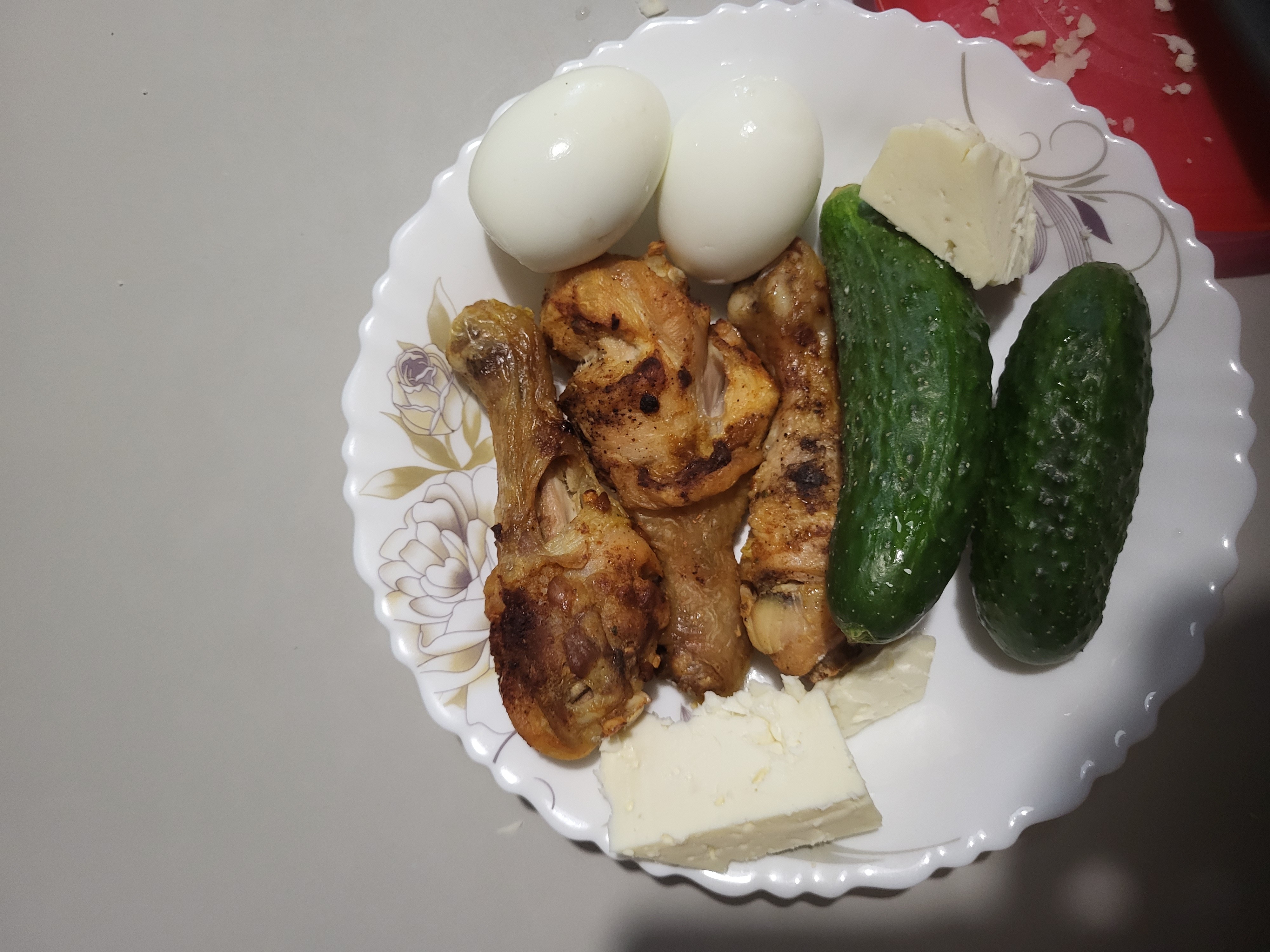 Chicken, eggs, cheese, cucumber
