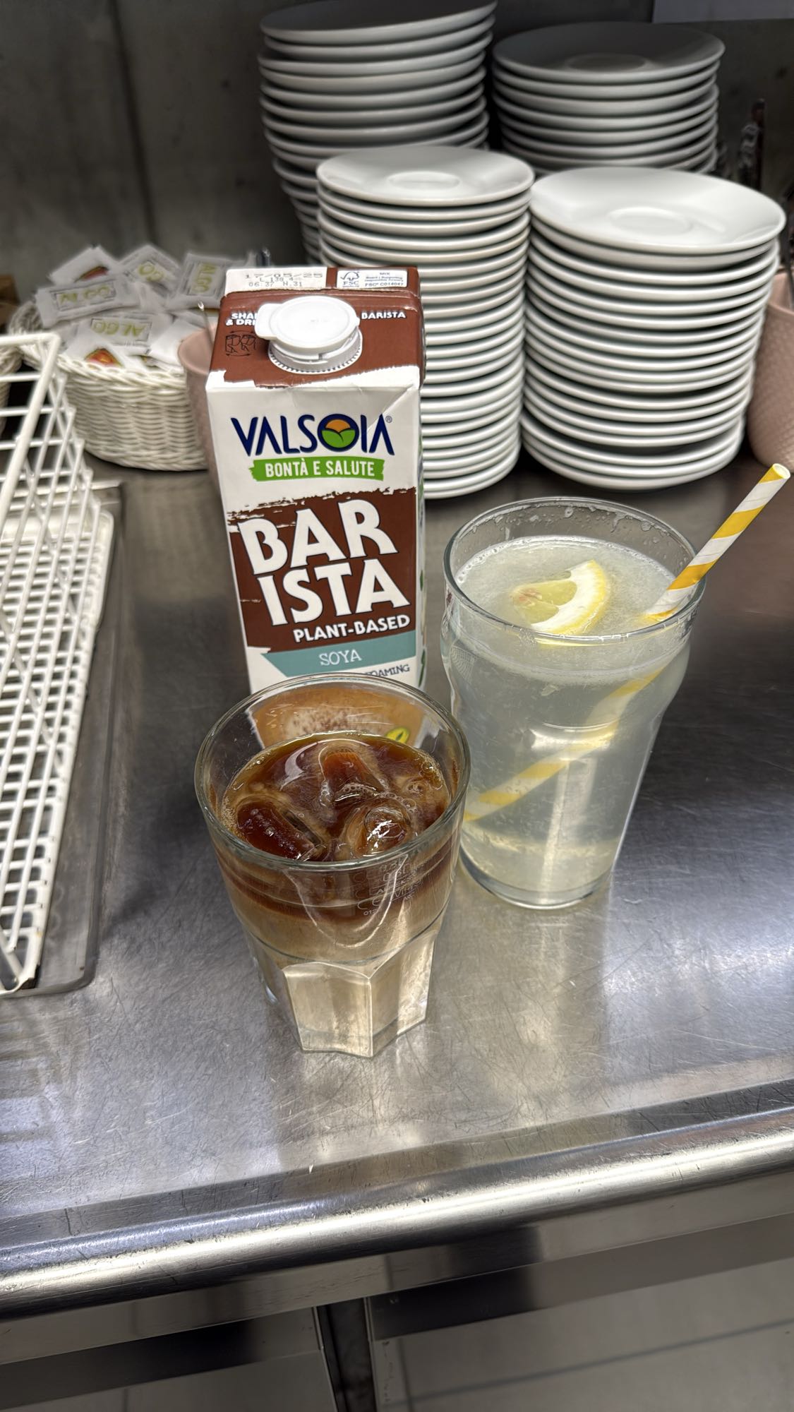 Iced Soy Latte & Lemon Water