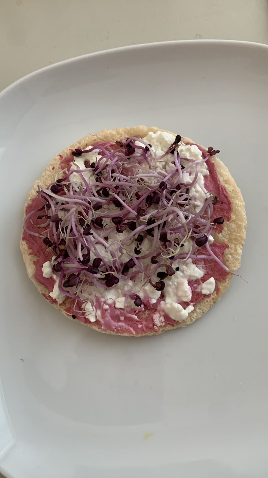 Wafel met bietenhummus en kiemen