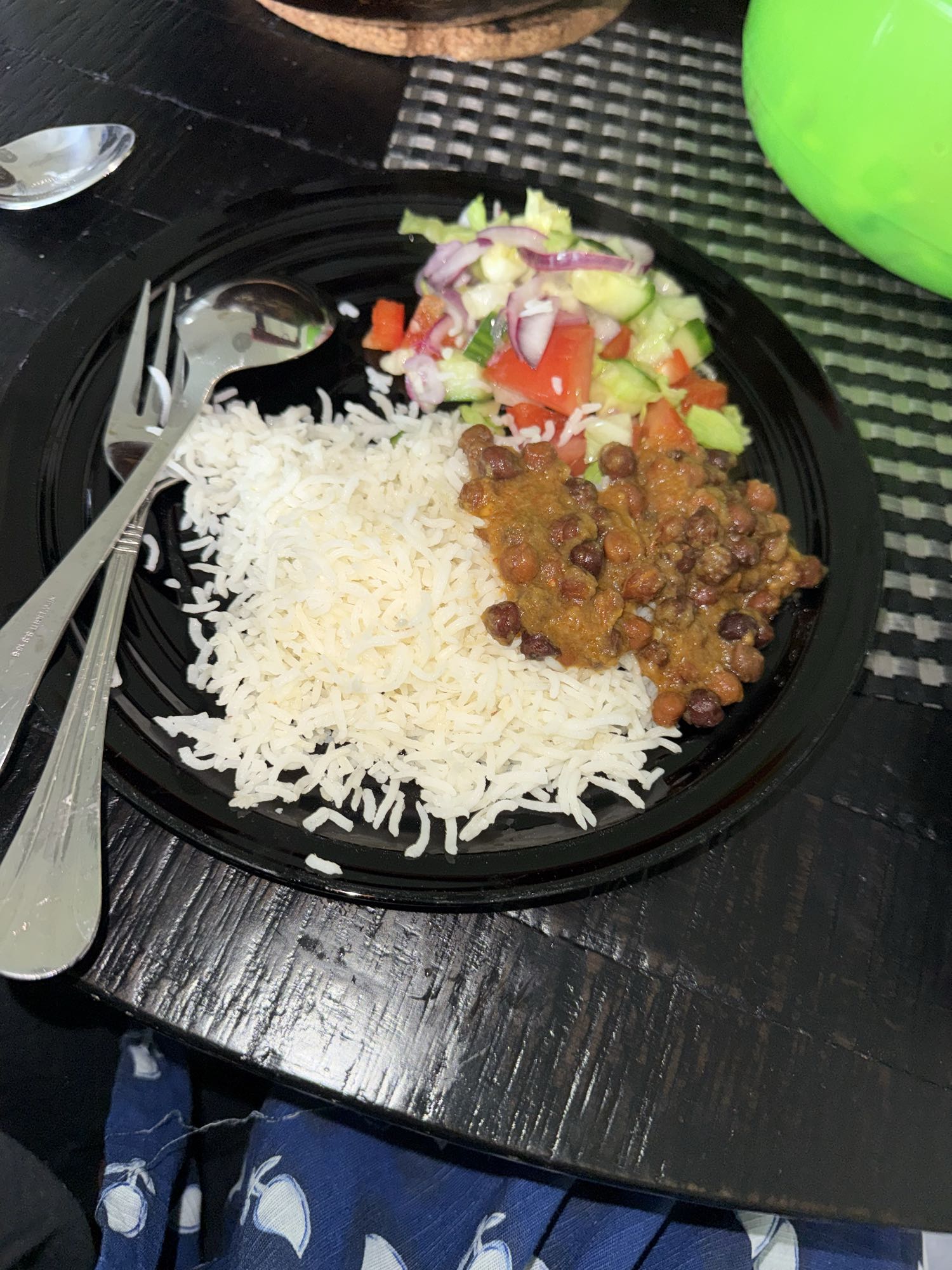 Rice, chickpea curry, salad