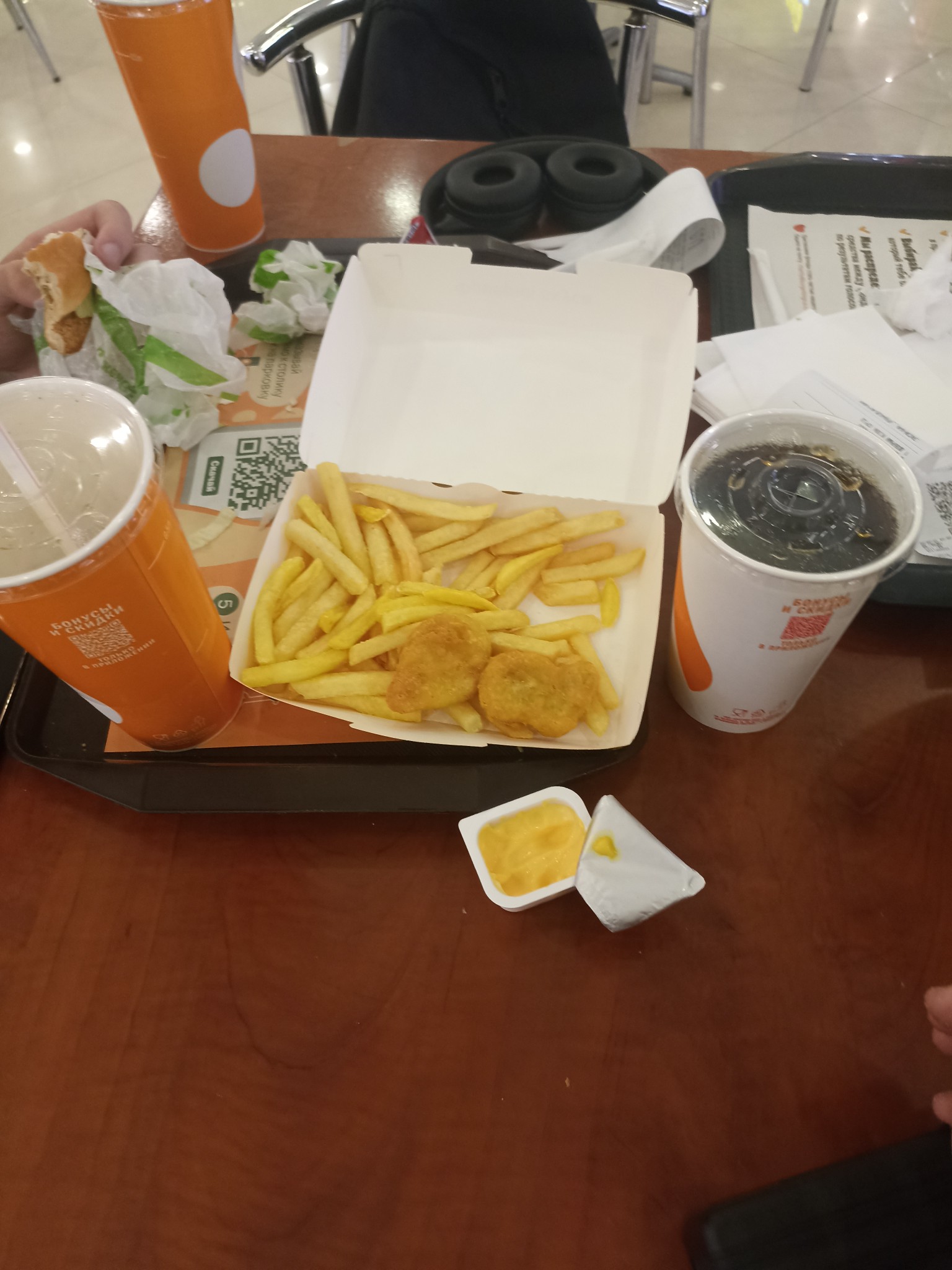 Nuggets, fries, burger, soda