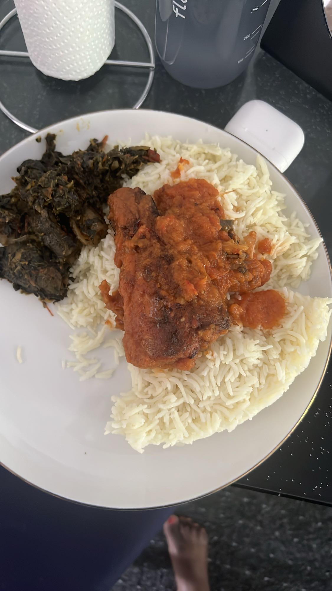 Rice, fish stew, greens