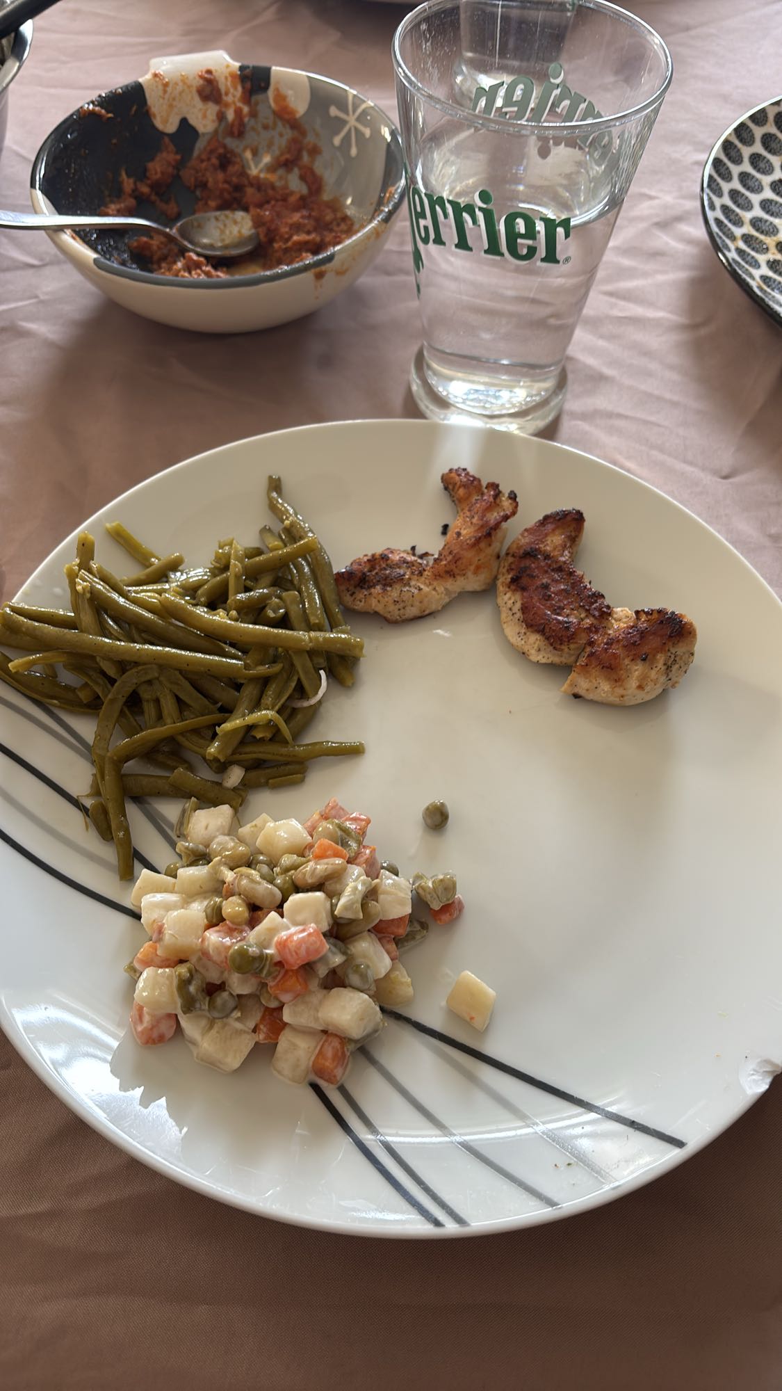 Poulet, haricots verts, salade russe