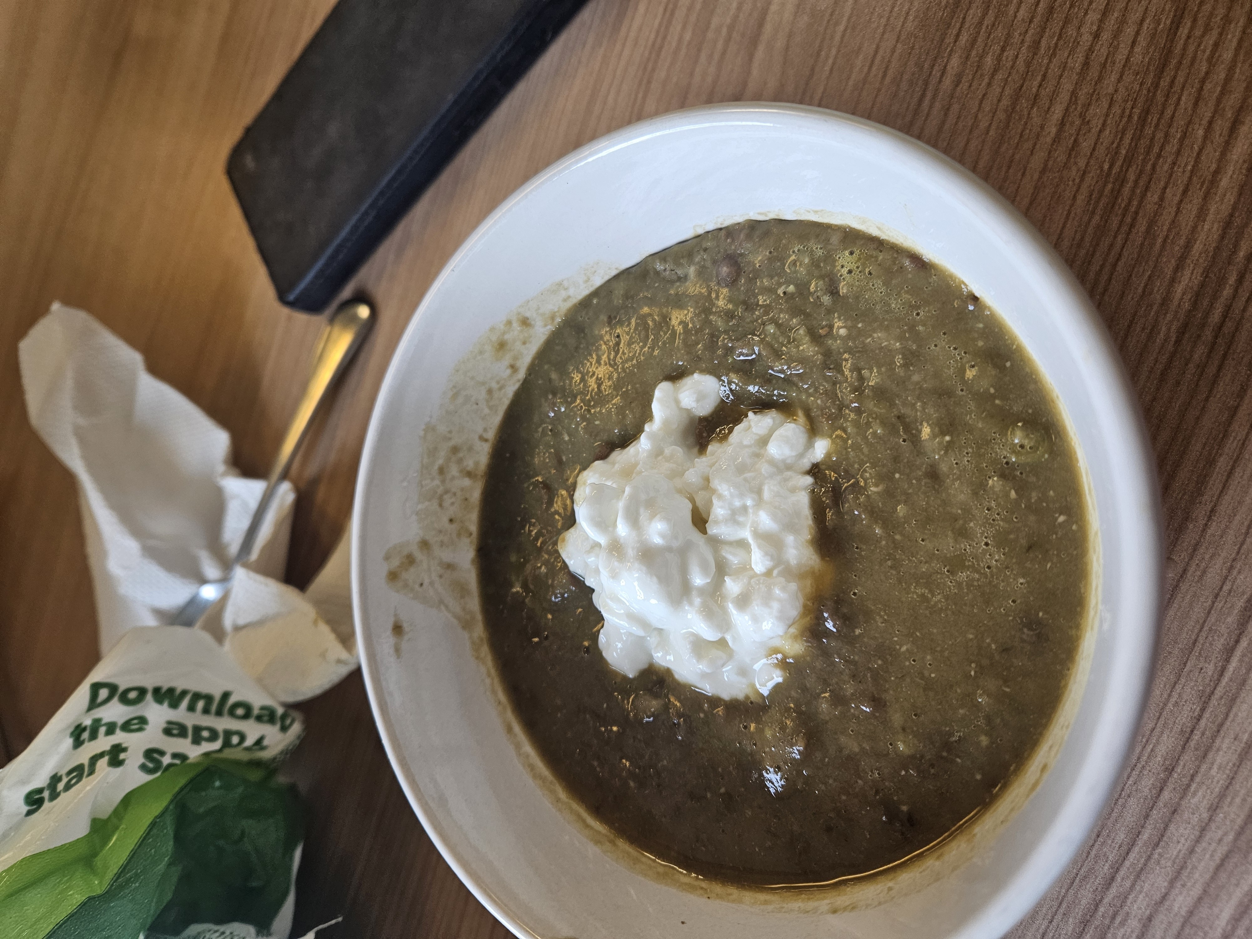 Soup with green lentils, peas, red onion, garlic and cottage cheese