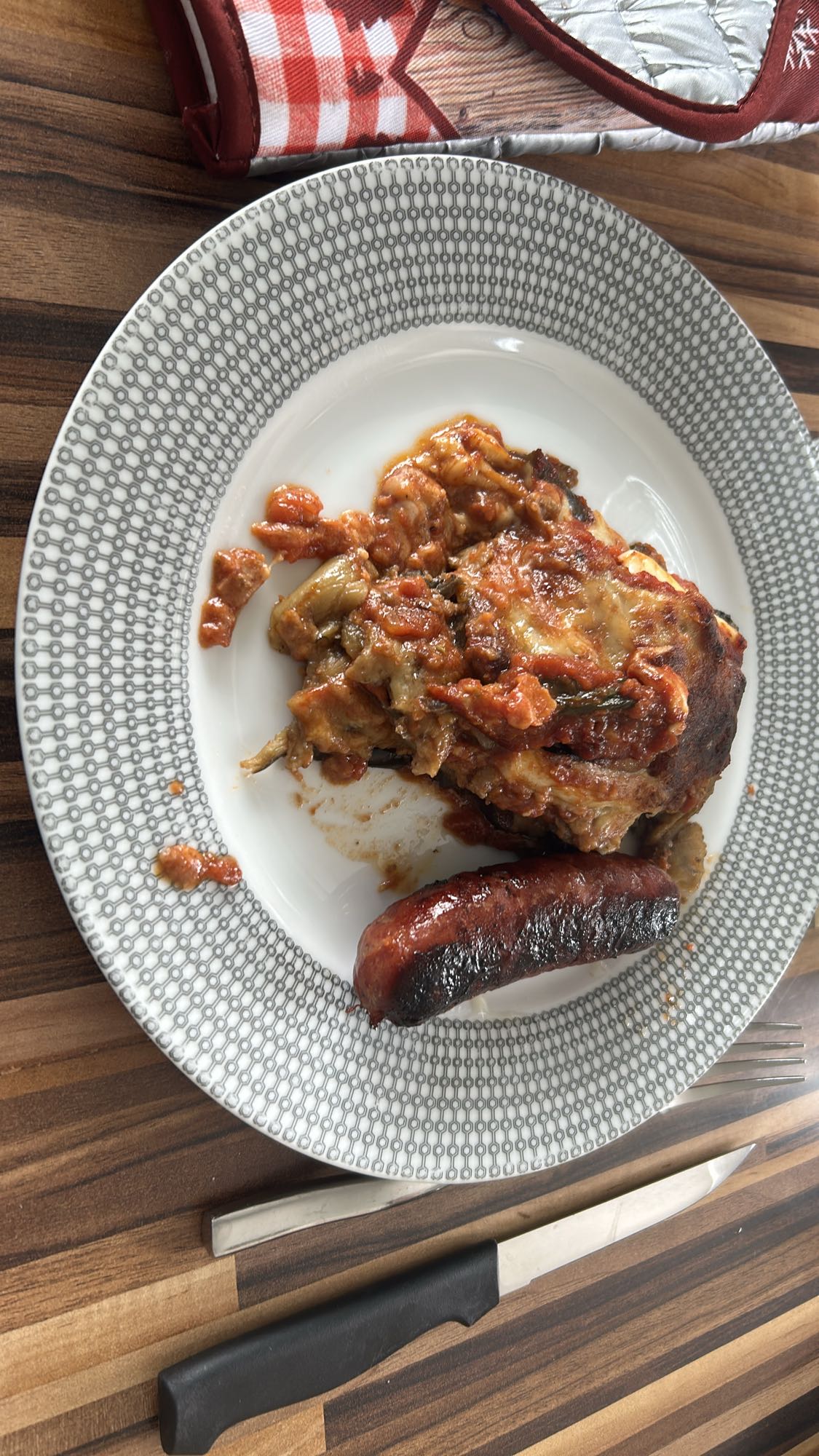 Aubergine gratin et saucisse
