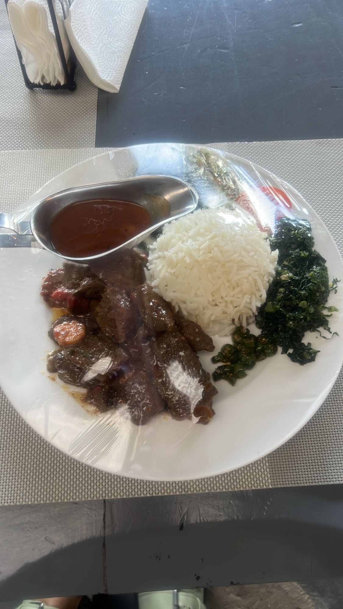 Beef stew with rice & greens