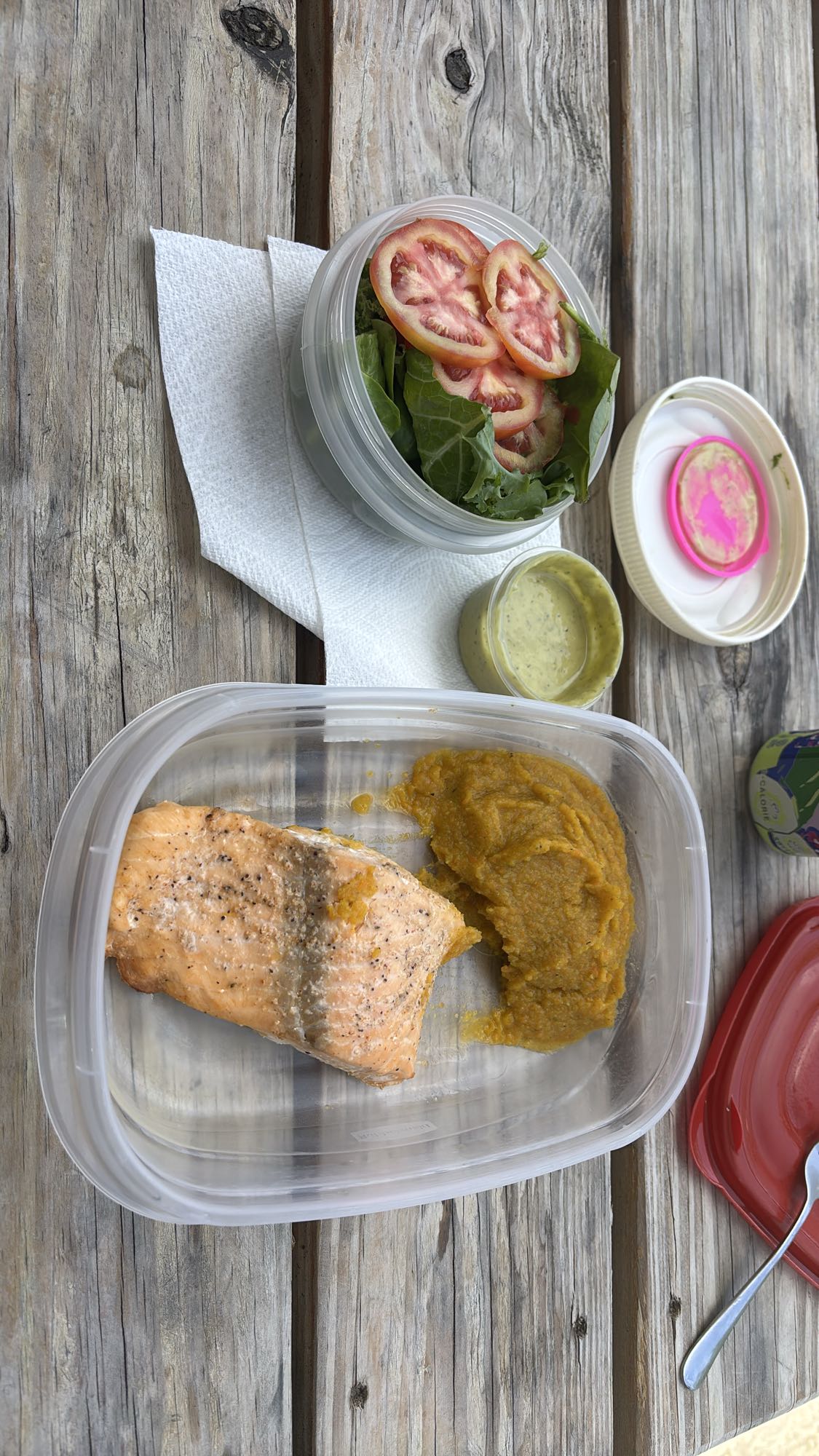 salmón con puré y ensalada