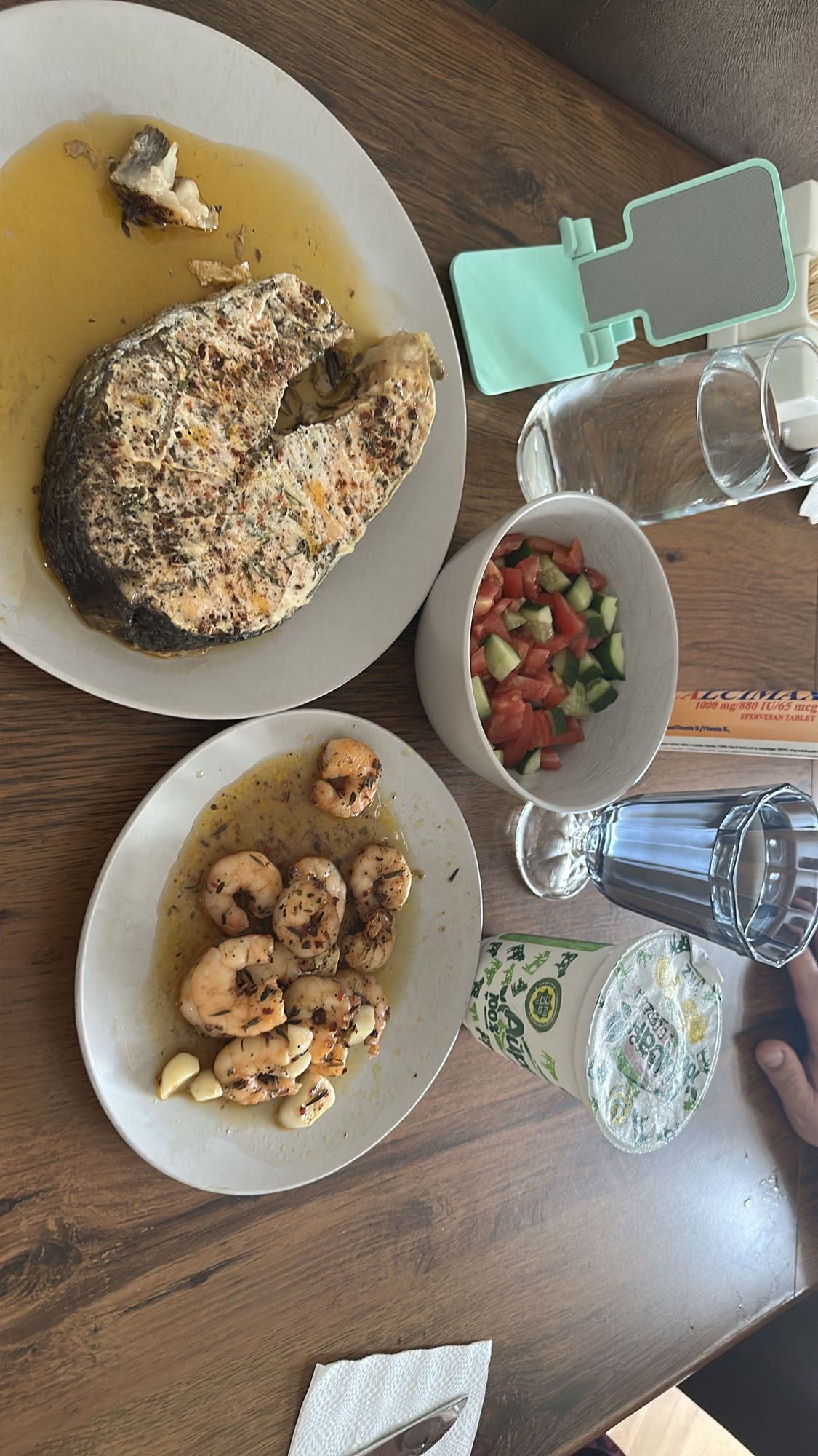 Fish, shrimp, salad, yogurt