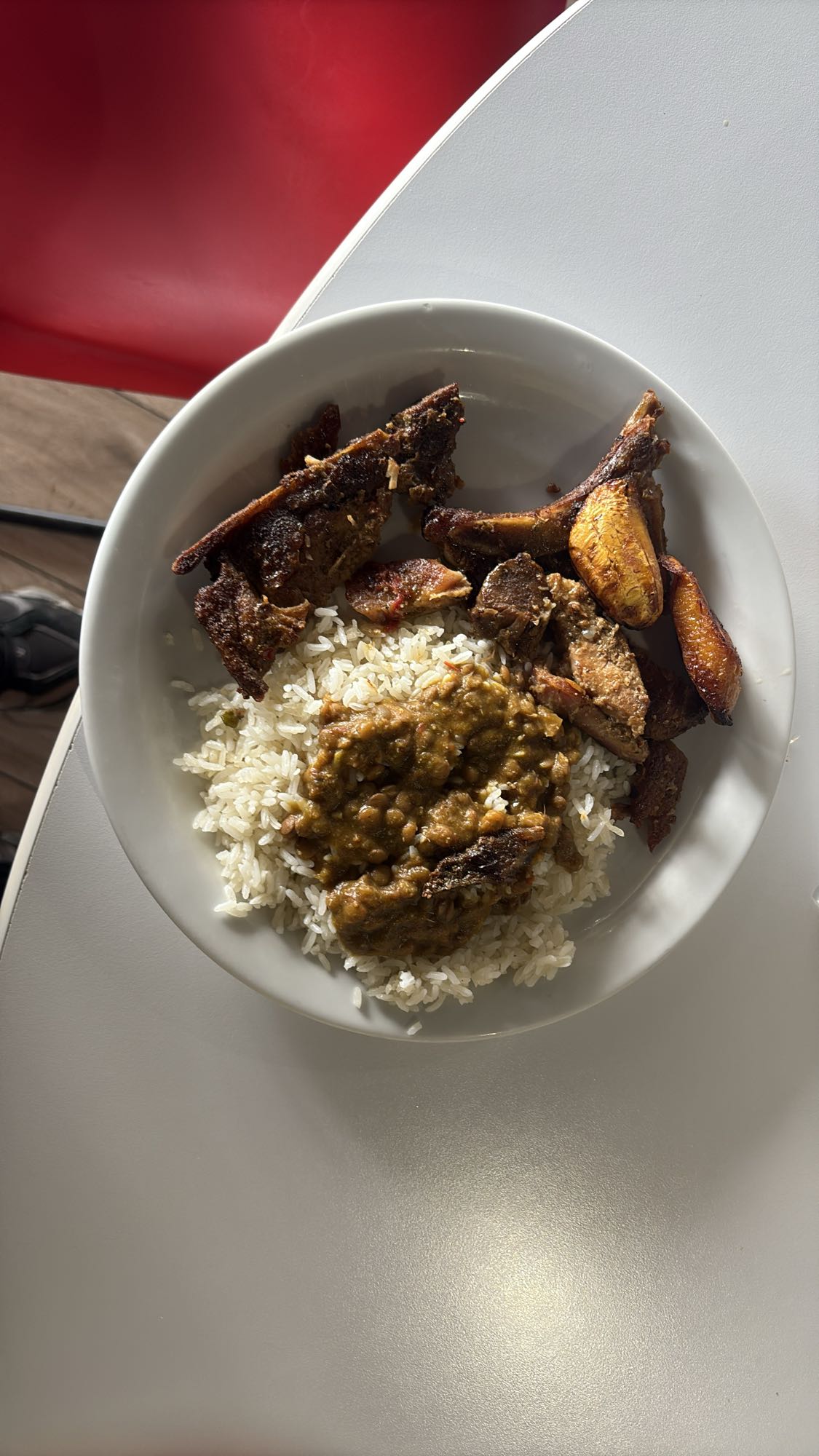 Rice, beans, beef, plantain