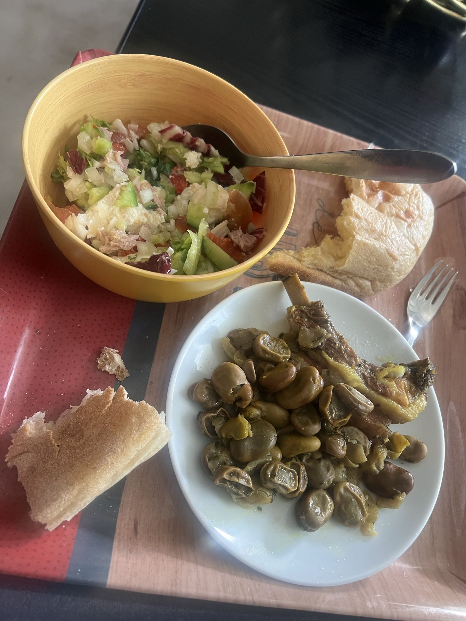 Salade, fèves, pain, viande