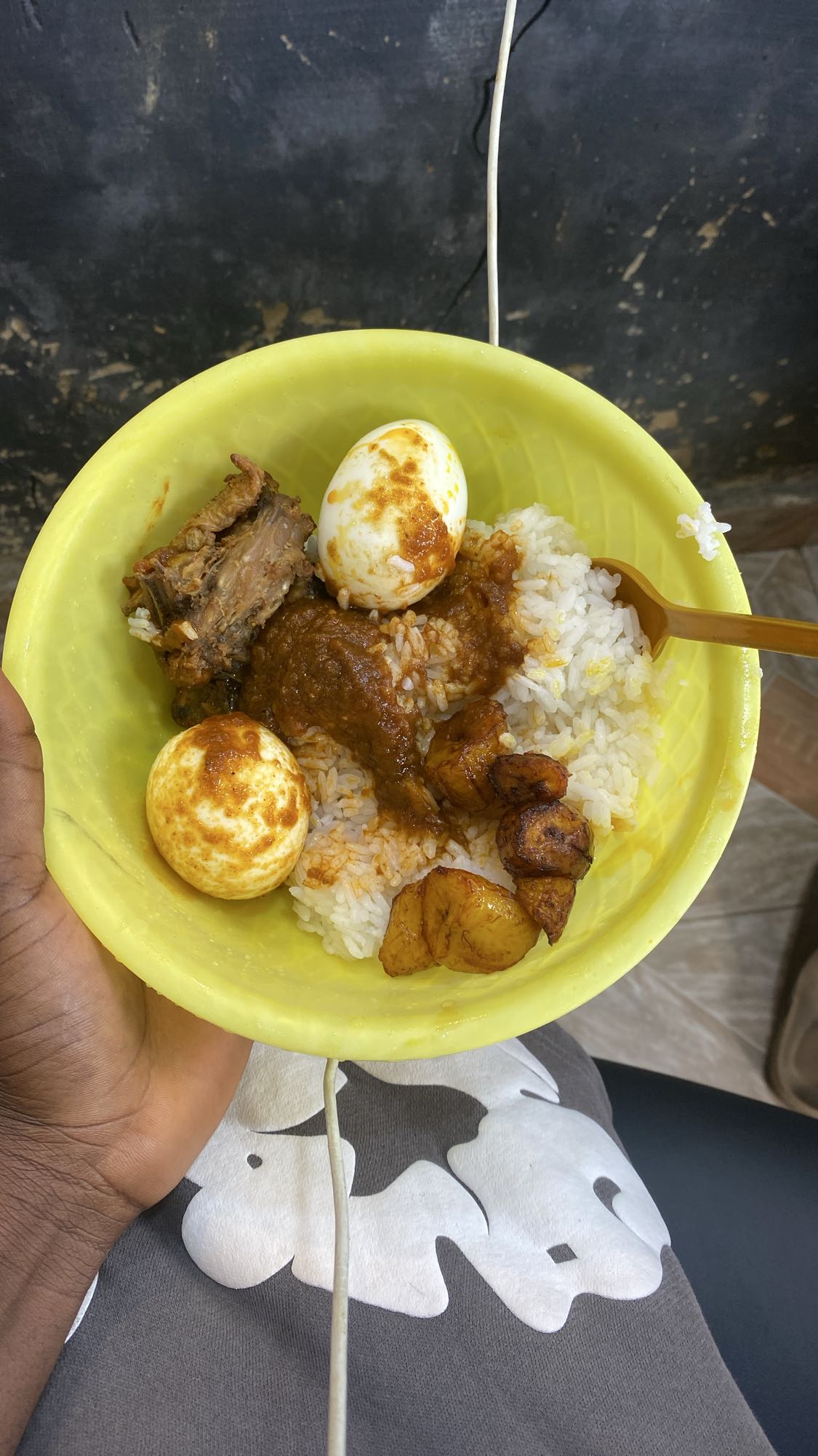Rice, eggs, plantain & stew