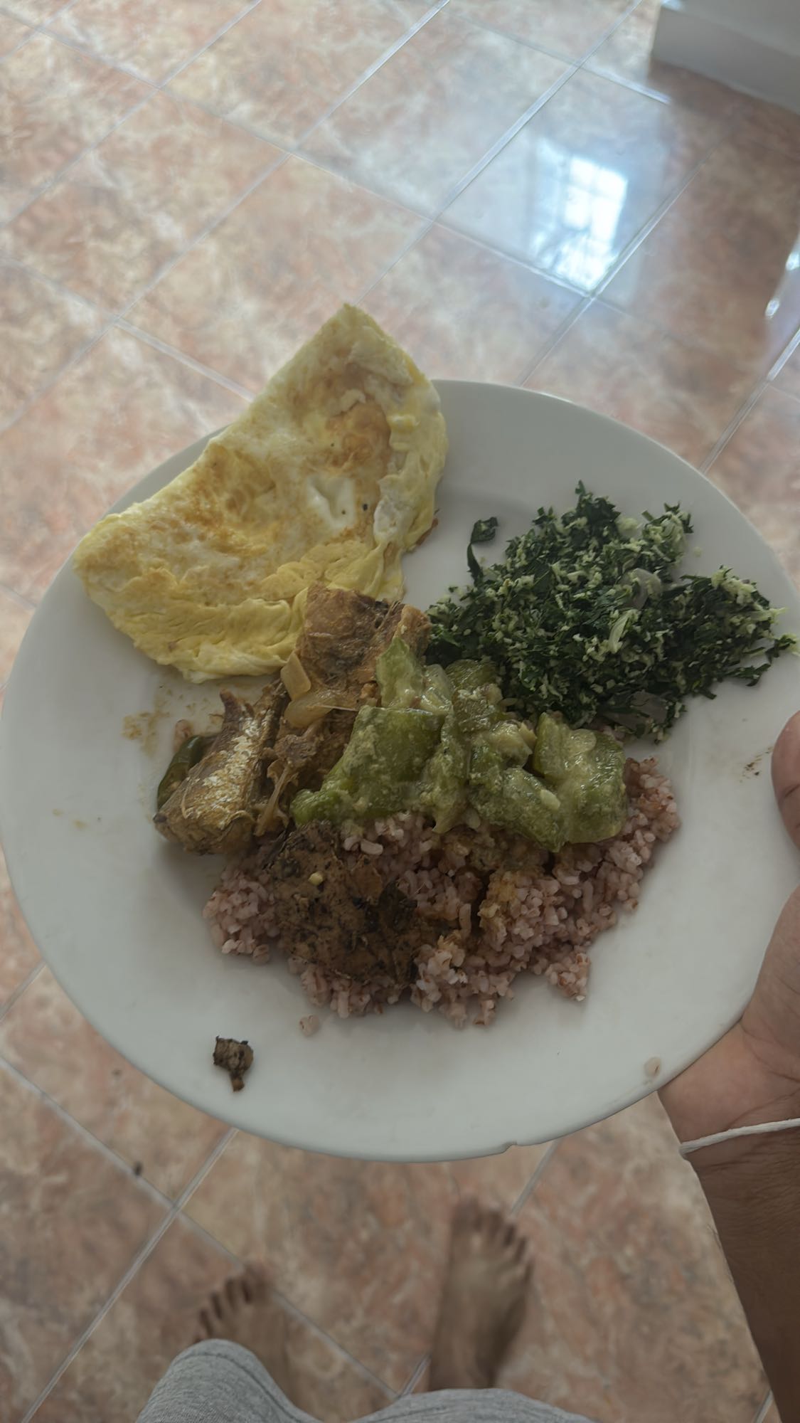 Egg, rice and greens plate