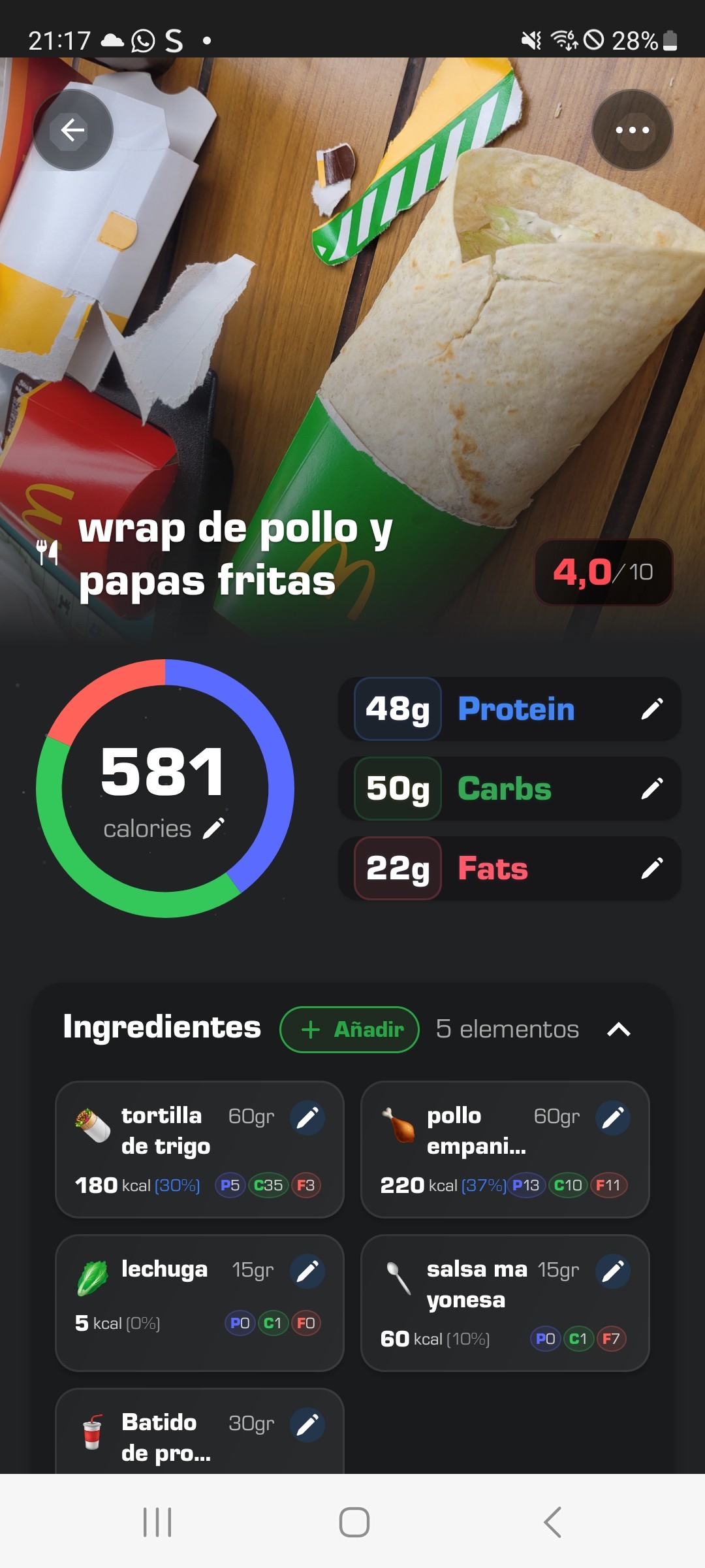 wrap de pollo y papas