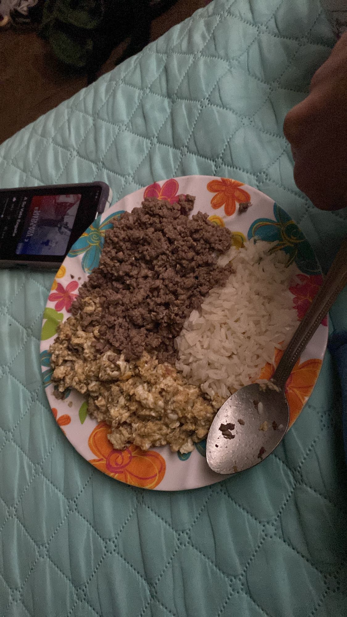 carne con arroz y huevo