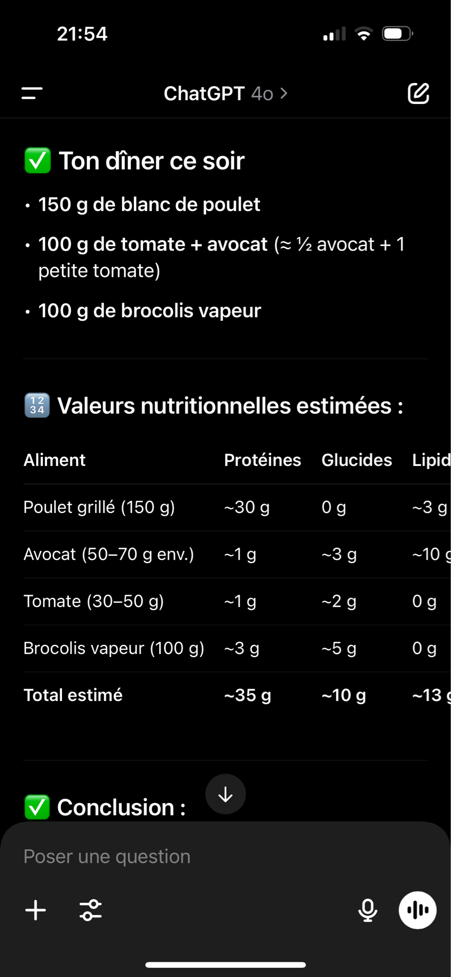 Dîner poulet légumes