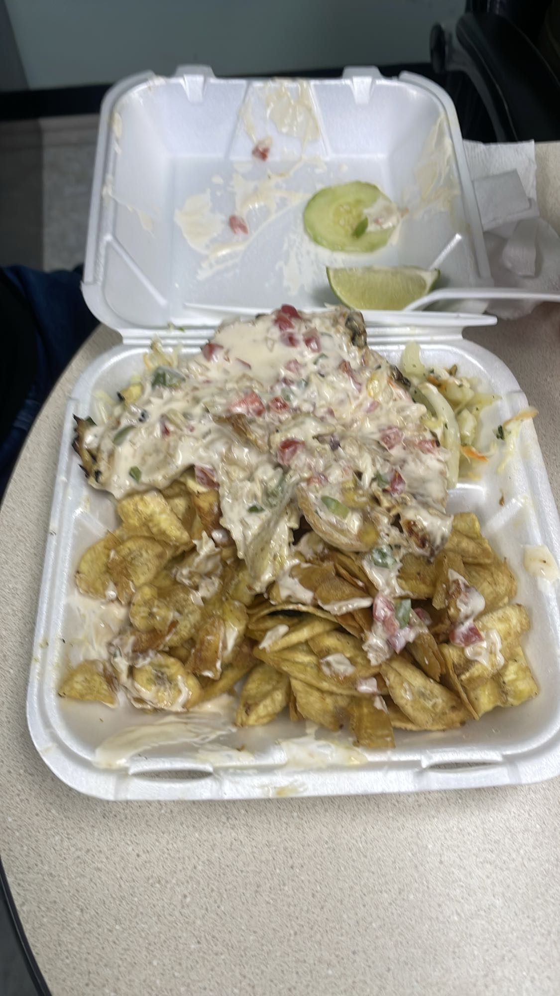 Plátanos fritos con pollo y salsa