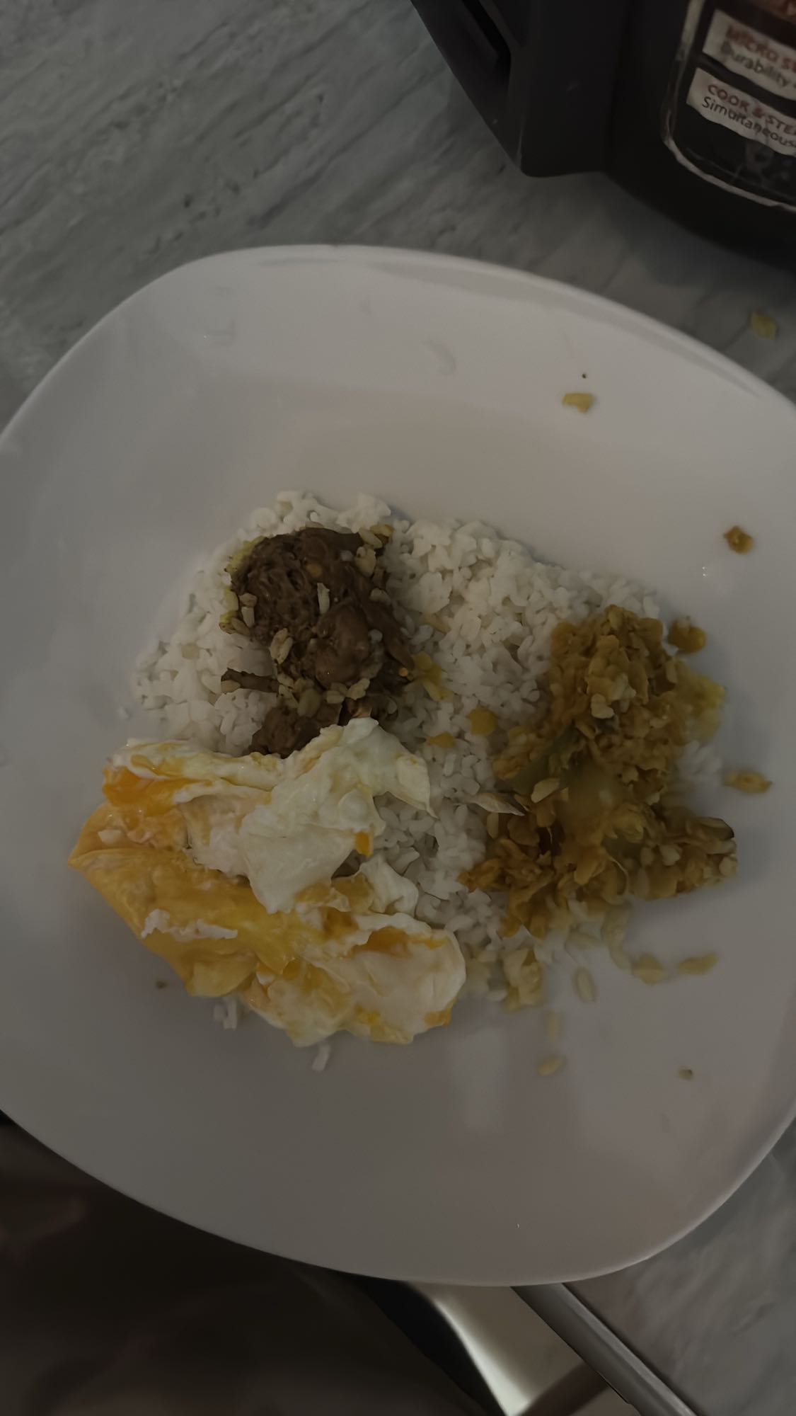 rice with egg, tempeh, beef