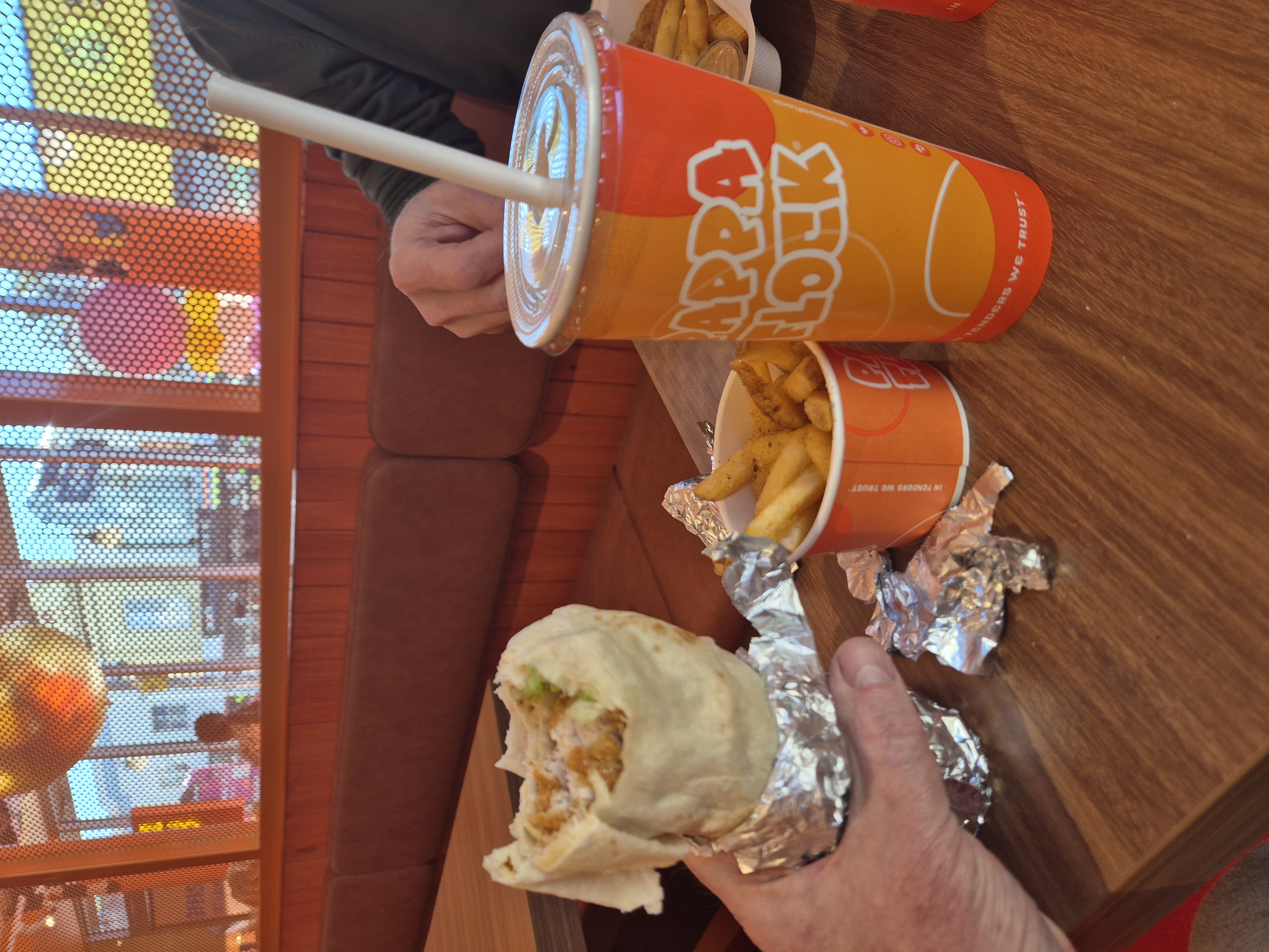 Chicken wrap, fries, soda