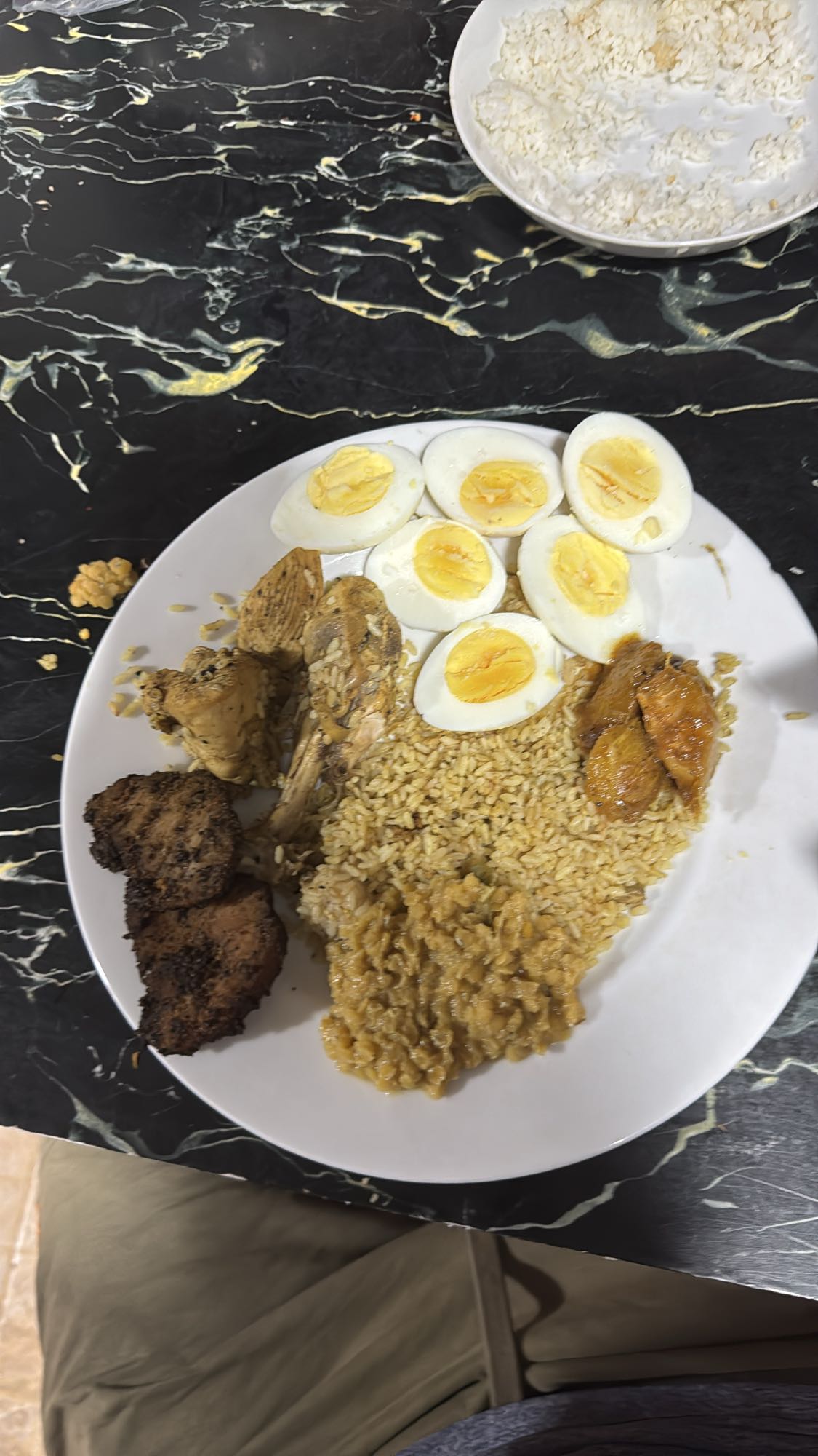 Eggs, rice, chicken, plantain