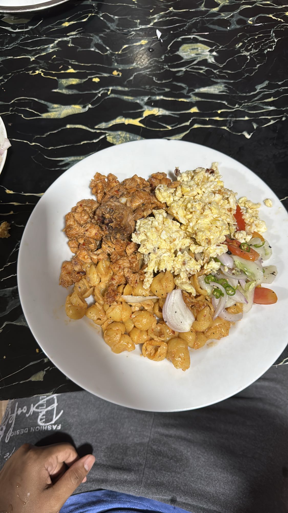 Chicken pasta with eggs salad