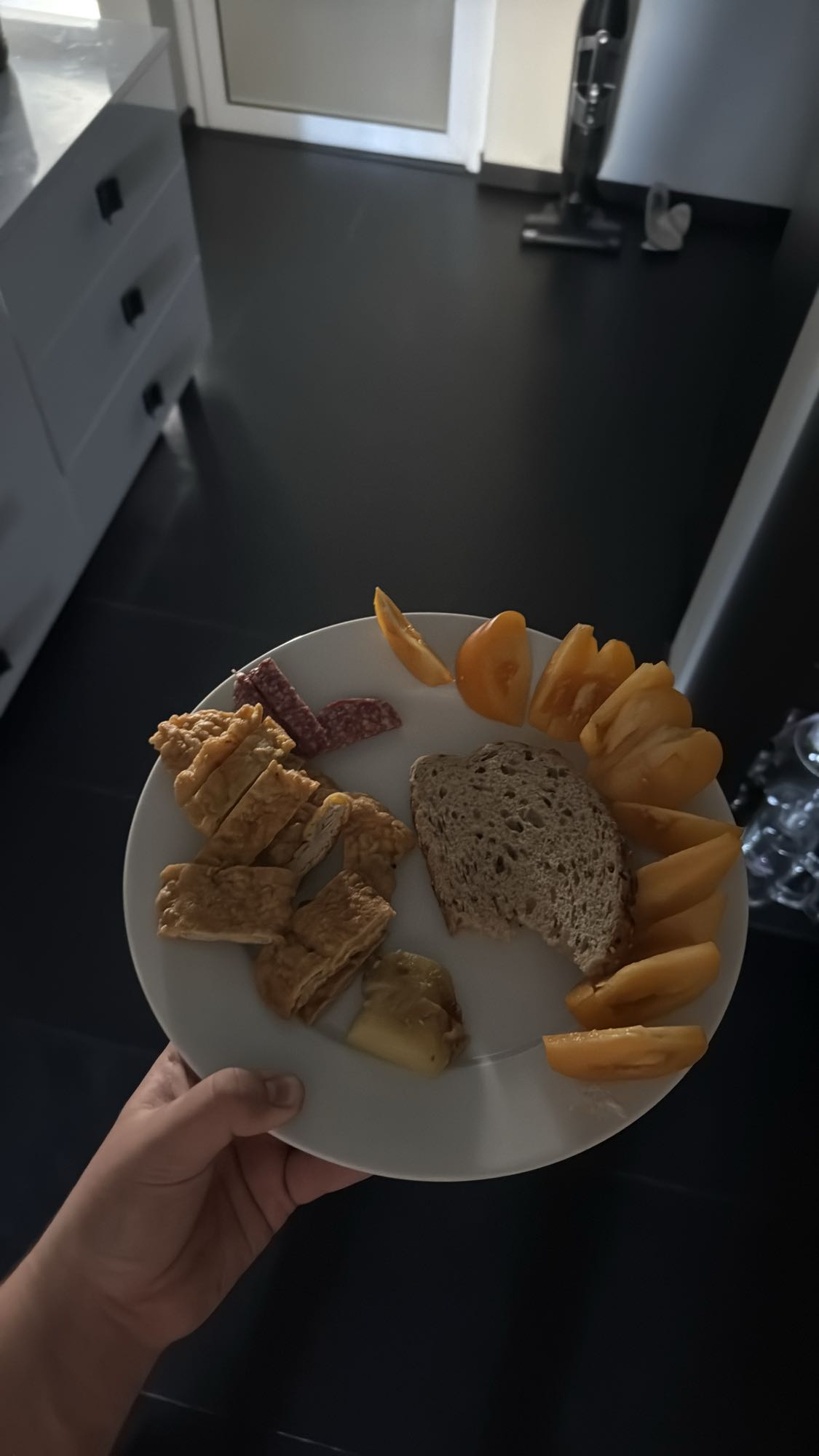 Egg, bread, tomato plate