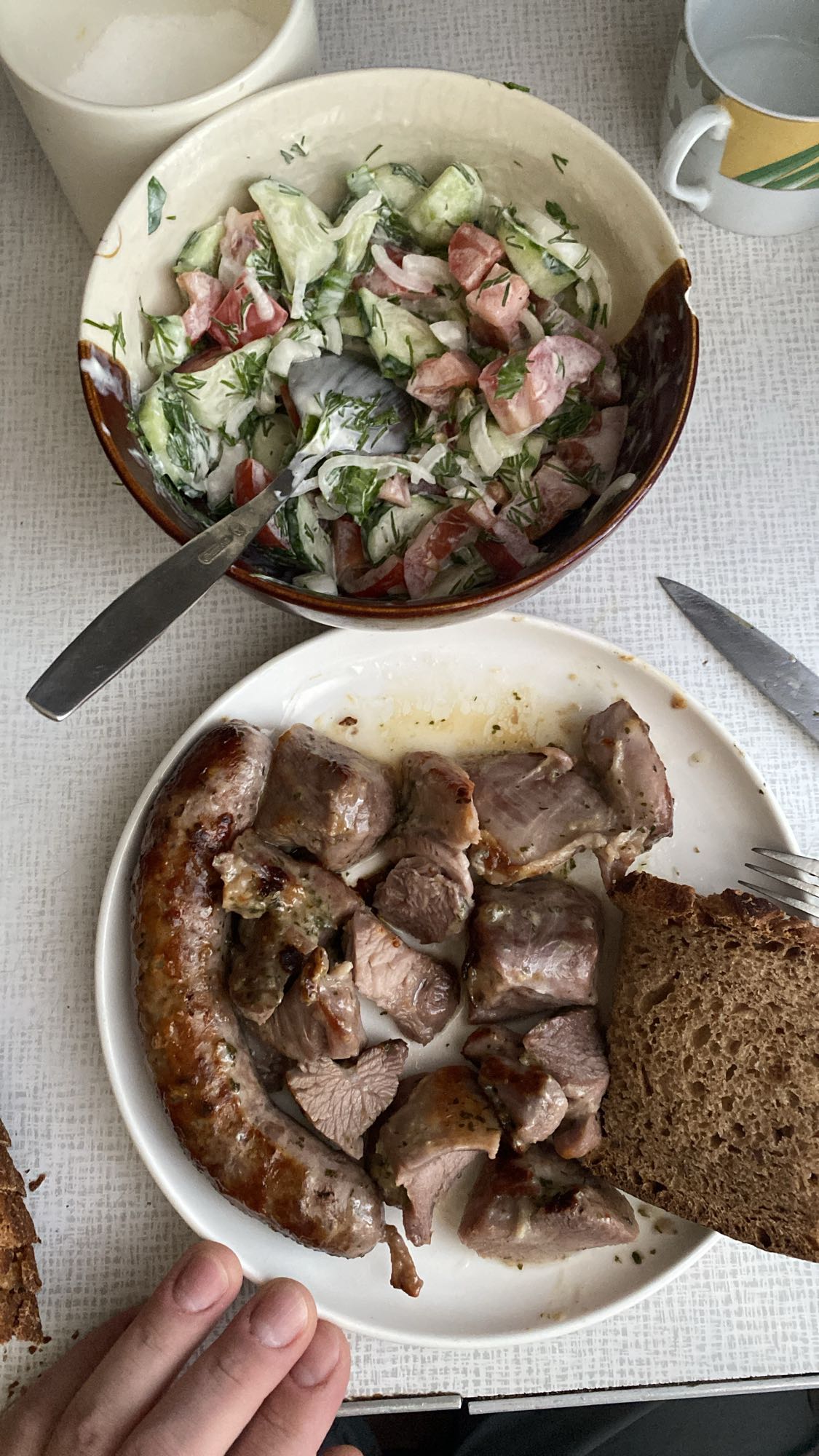 Мясо с салатом и хлебом